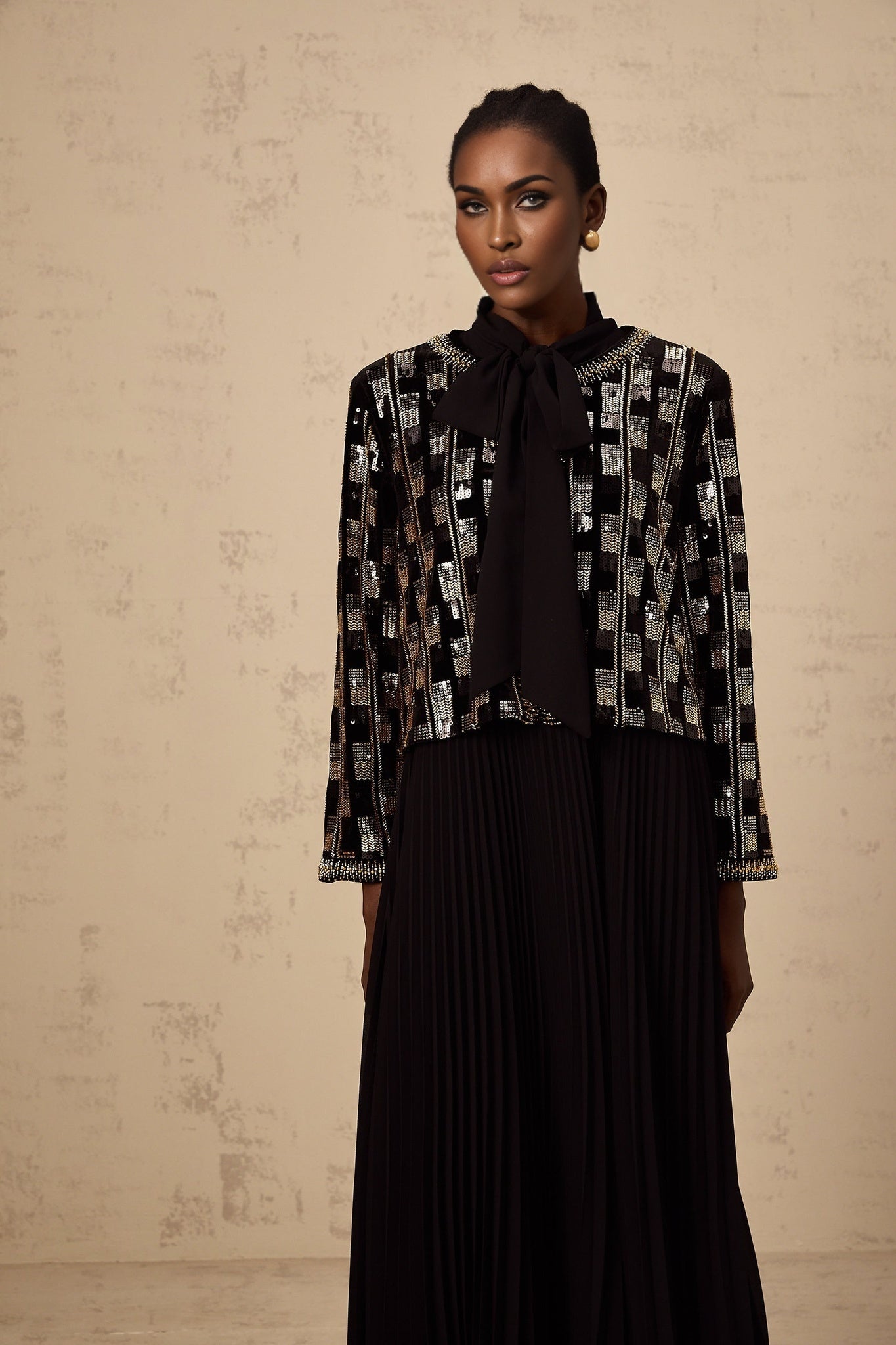 Alice Cardigan & Dress - Long Sleeve - Round Neck - Stud & Sequin Embellishment - Check Pattern