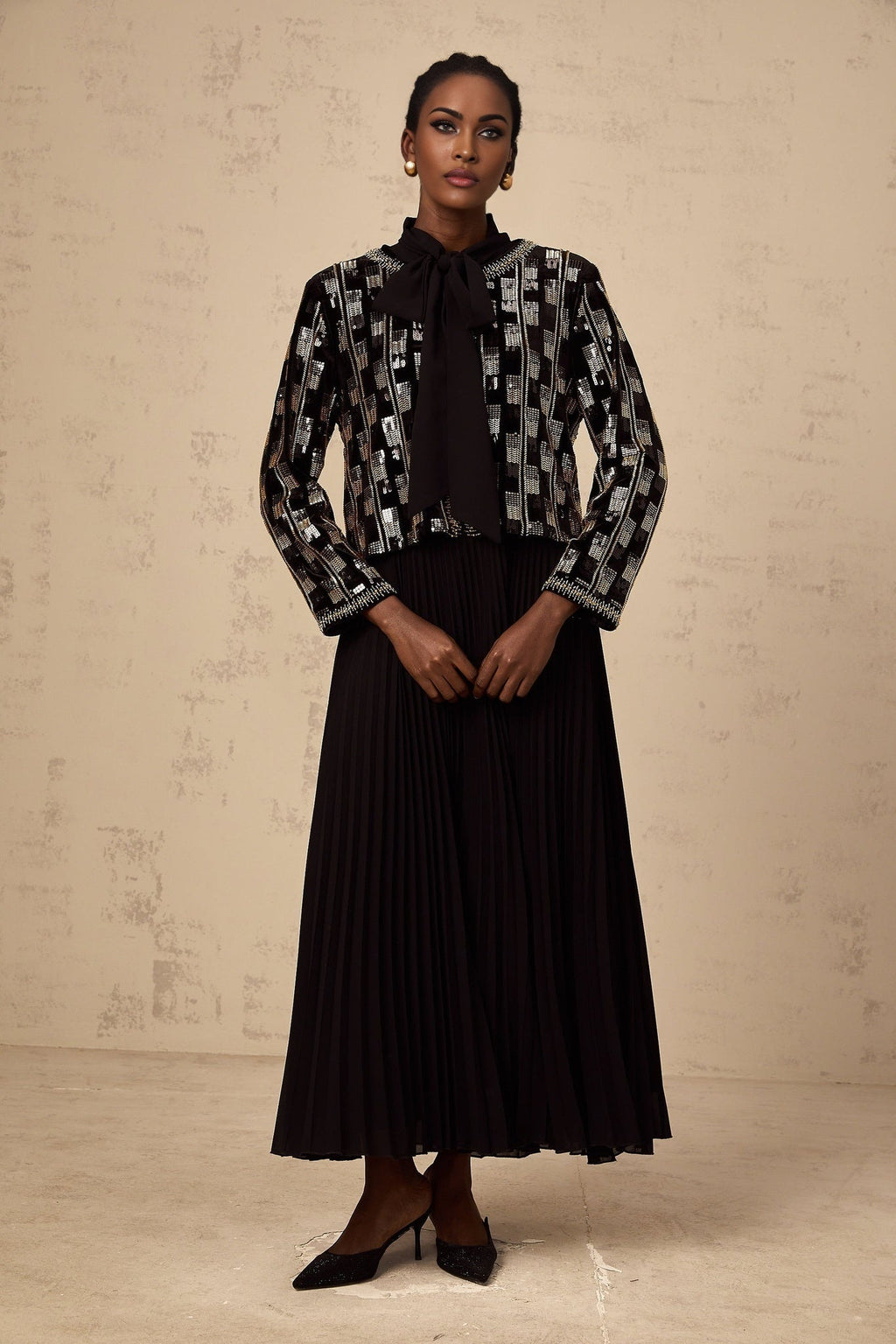 Alice Cardigan & Dress - Long Sleeve - Round Neck - Stud & Sequin Embellishment - Check Pattern