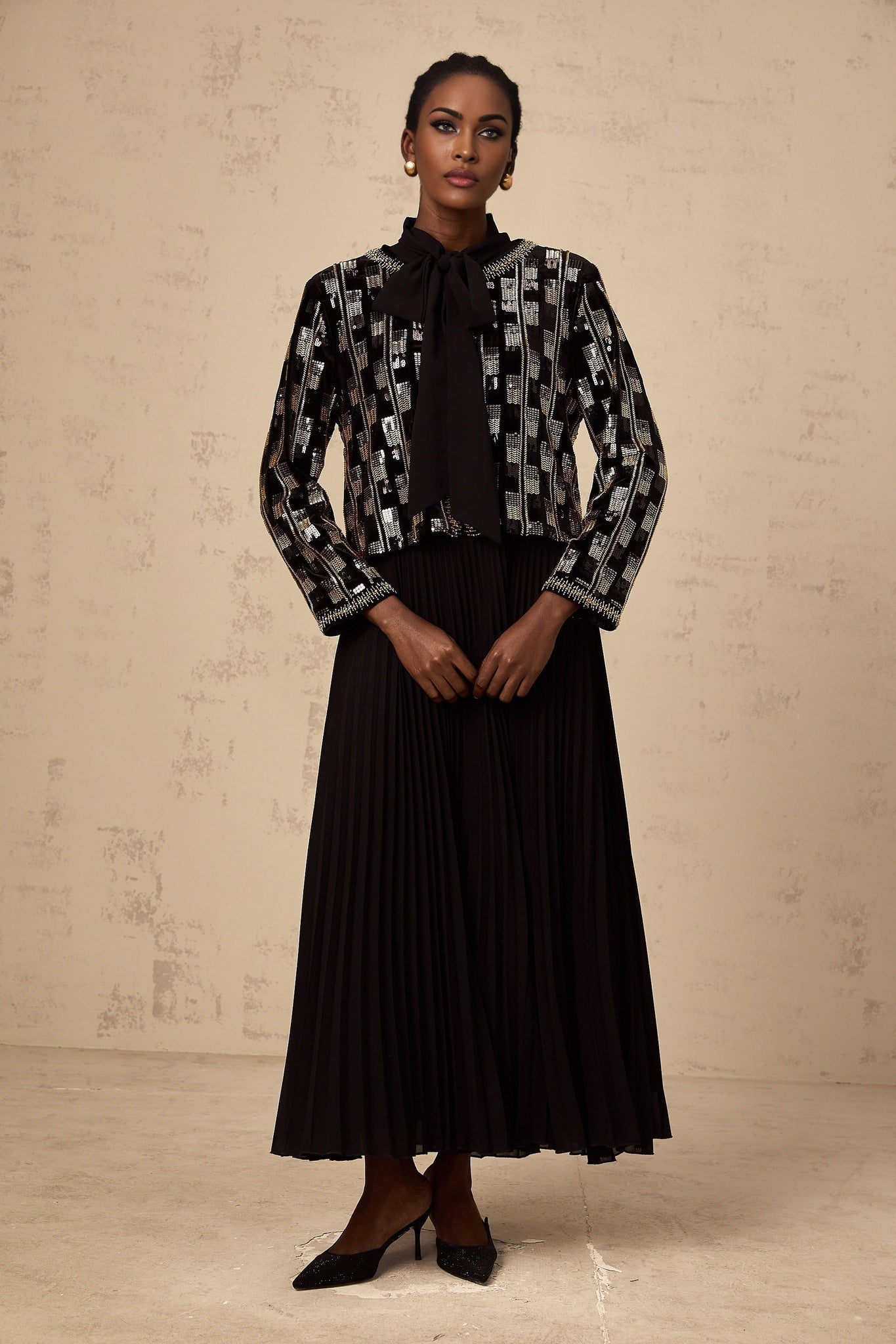 Alice Cardigan & Dress - Long Sleeve - Round Neck - Stud & Sequin Embellishment - Check Pattern