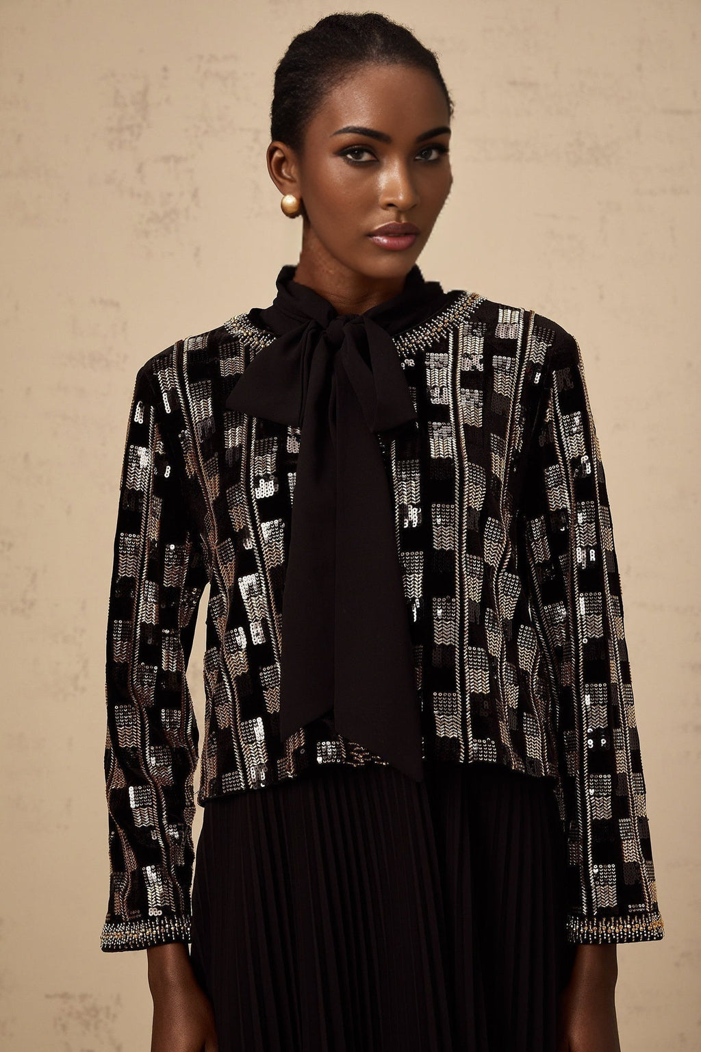 Alice Cardigan & Dress - Long Sleeve - Round Neck - Stud & Sequin Embellishment - Check Pattern