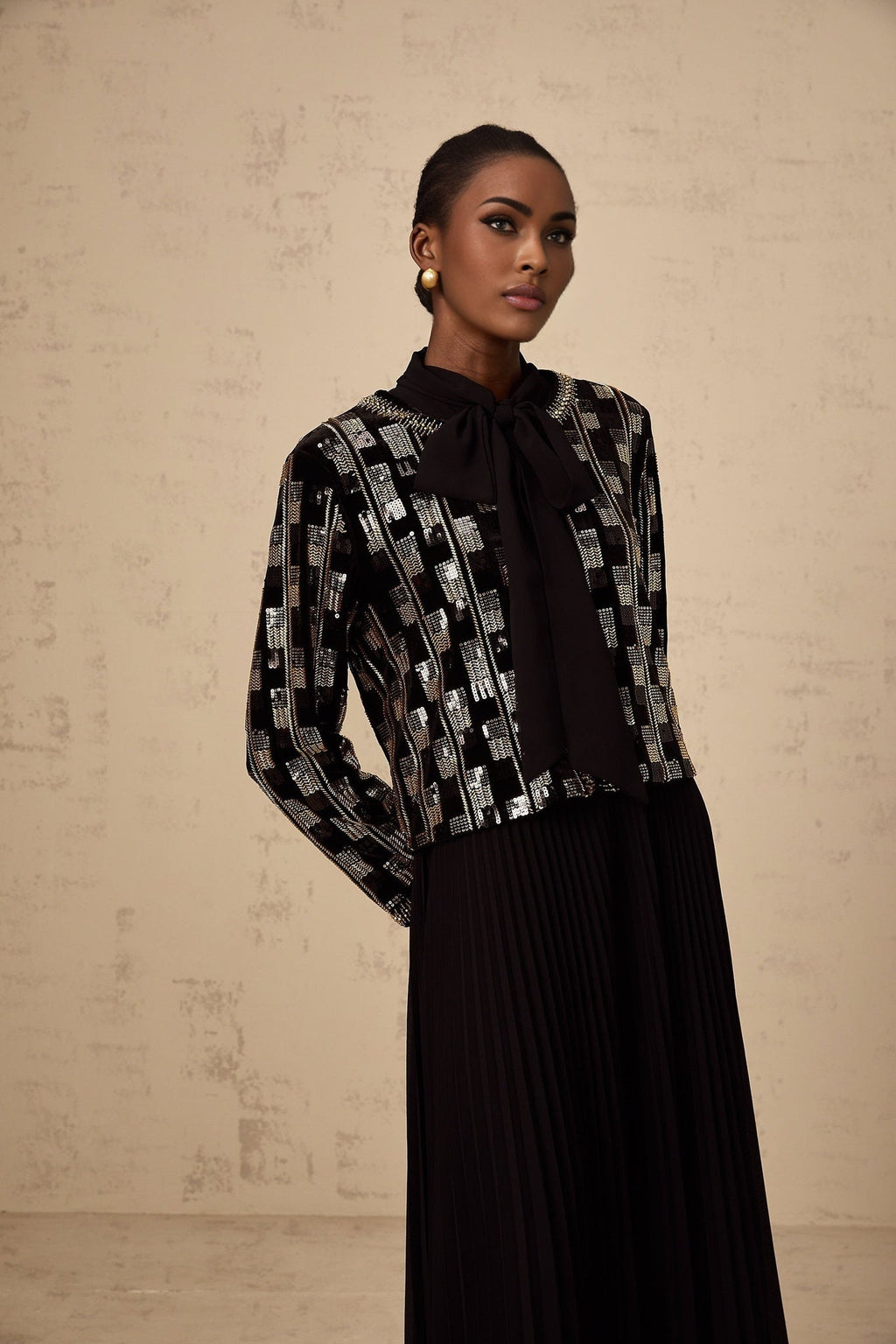 Alice Cardigan & Dress - Long Sleeve - Round Neck - Stud & Sequin Embellishment - Check Pattern