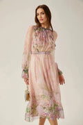 Alice Floral Midi Dress - Frilled Keyhole Neck - Long Puff Sleeves - Pleated Detailing - Semi - Sheer Construction