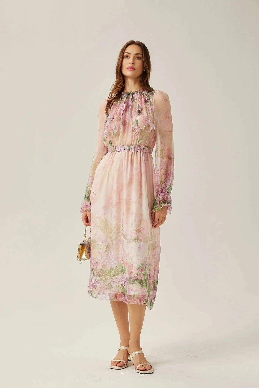 Alice Floral Midi Dress - Frilled Keyhole Neck - Long Puff Sleeves - Pleated Detailing - Semi - Sheer Construction