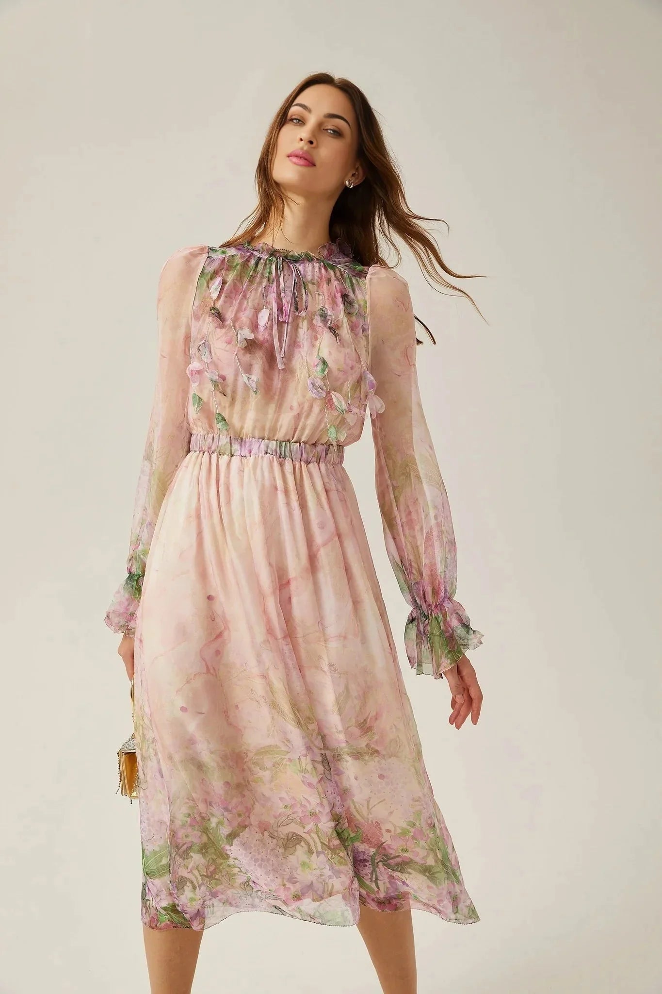 Alice Floral Midi Dress - Frilled Keyhole Neck - Long Puff Sleeves - Pleated Detailing - Semi - Sheer Construction