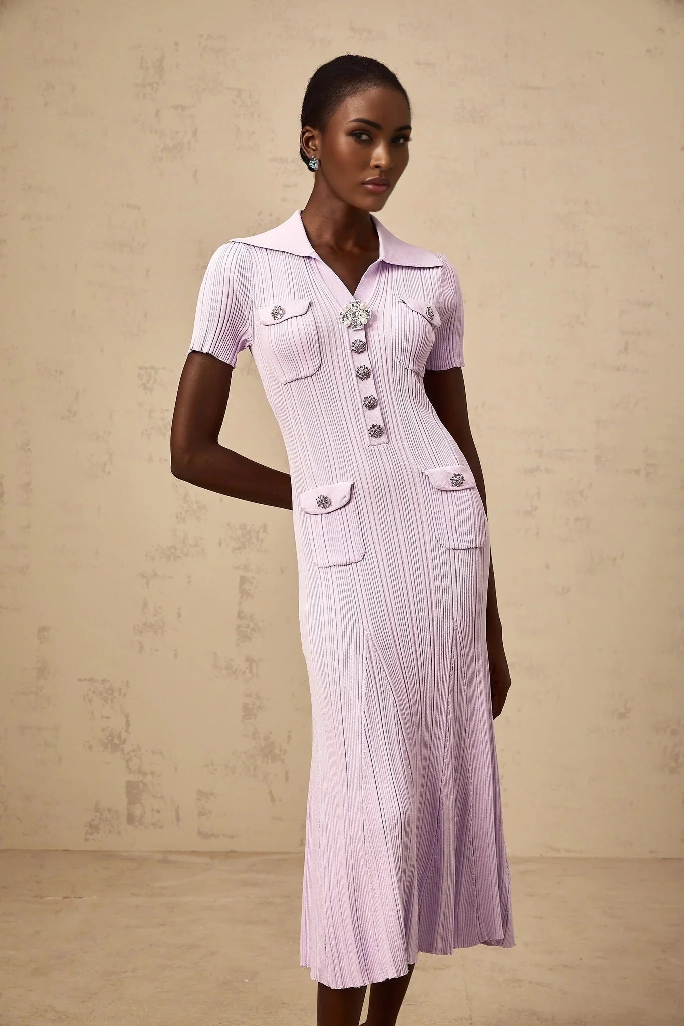 Alice Midi Dress Light Purple Crystal Embellishment Godet Flap Pockets
