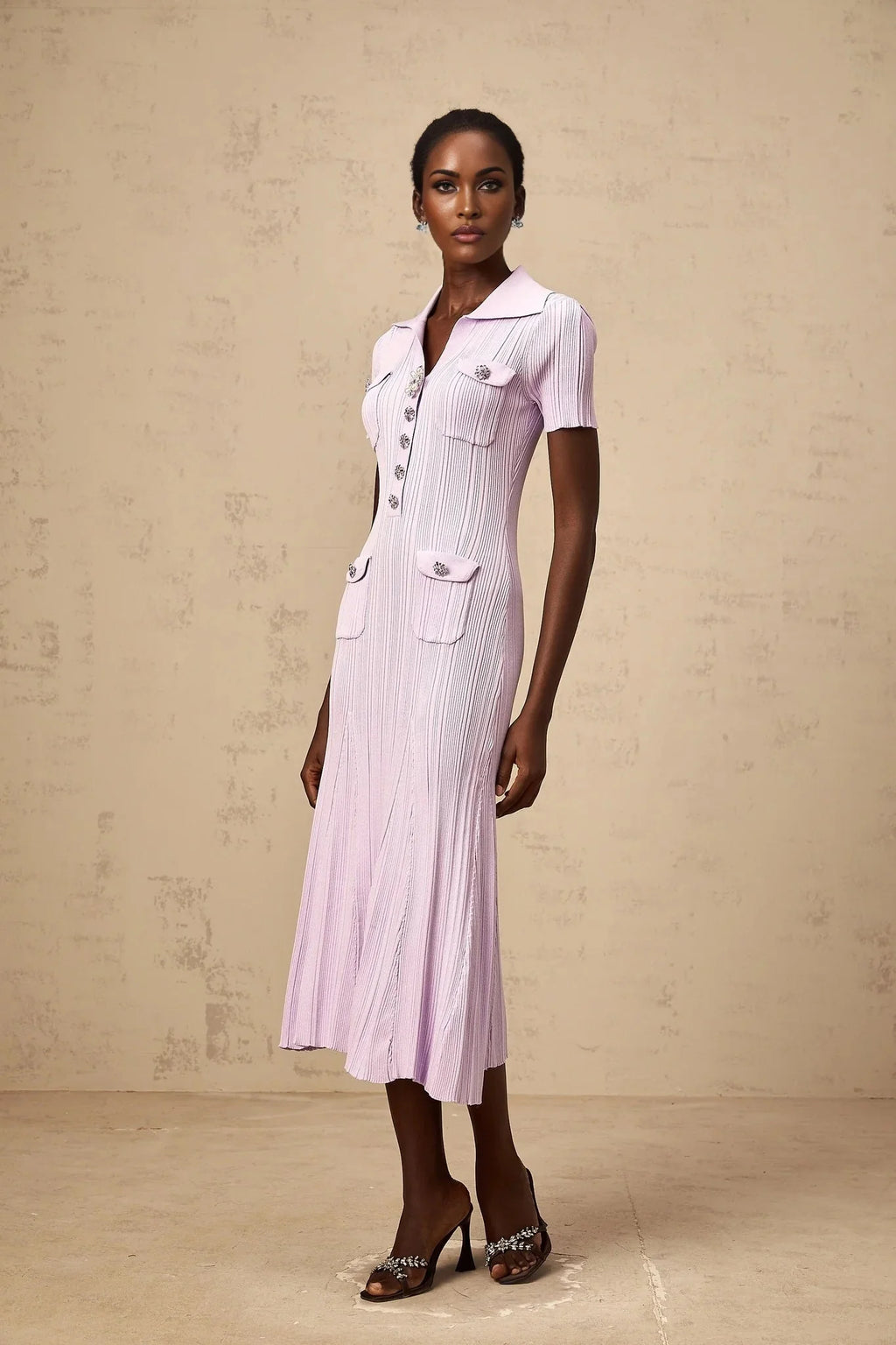 Alice Midi Dress Light Purple Crystal Embellishment Godet Flap Pockets
