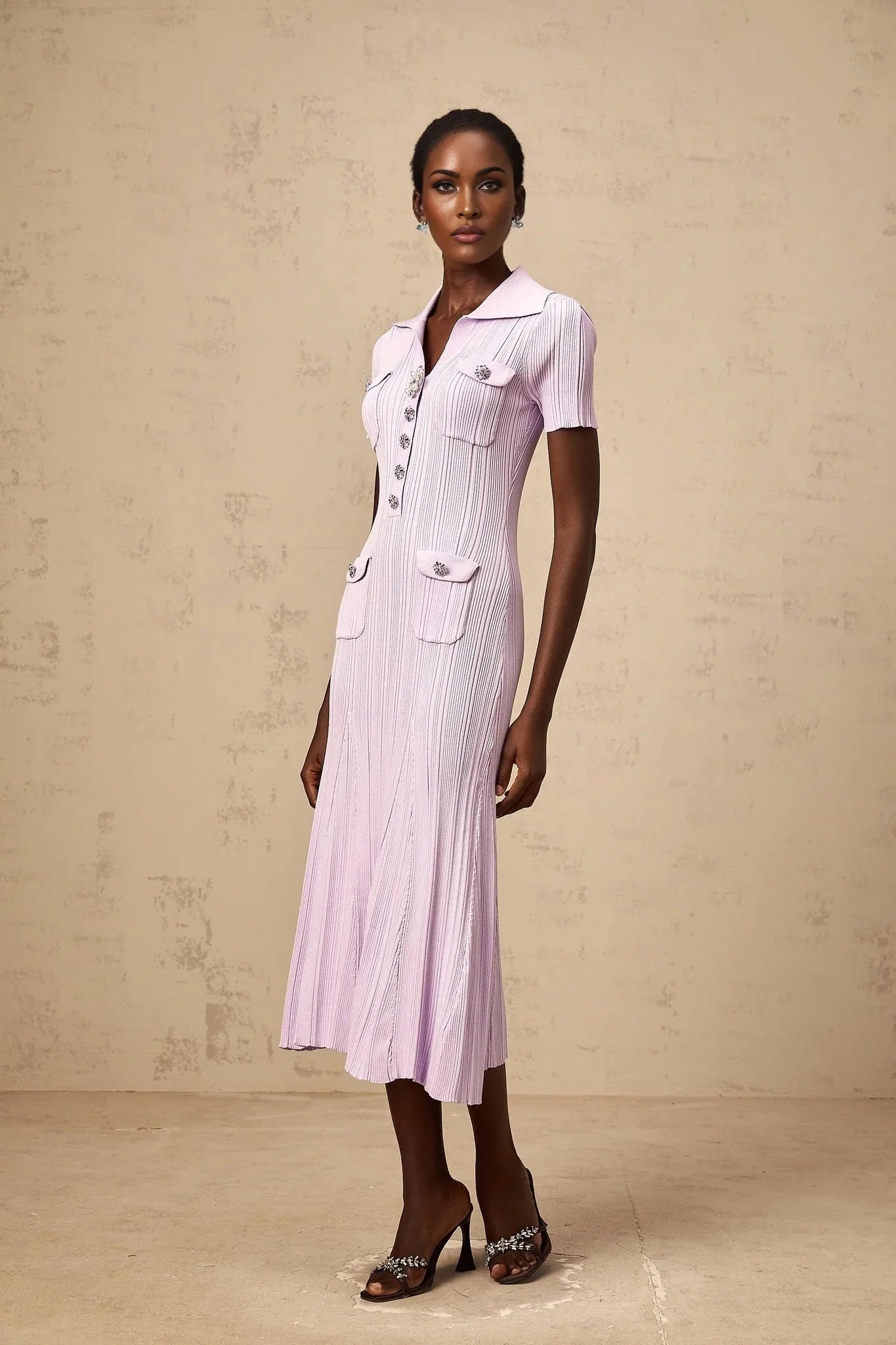 Alice Midi Dress Light Purple Crystal Embellishment Godet Flap Pockets