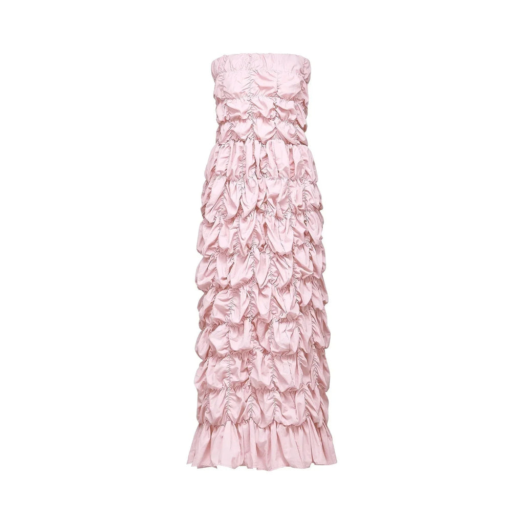 Alice Midi Dress - Off the Shoulder Style - Pleated Design - Flounce Hem - Puff Sleeves