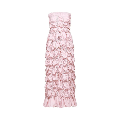Alice Midi Dress - Off the Shoulder Style - Pleated Design - Flounce Hem - Puff Sleeves