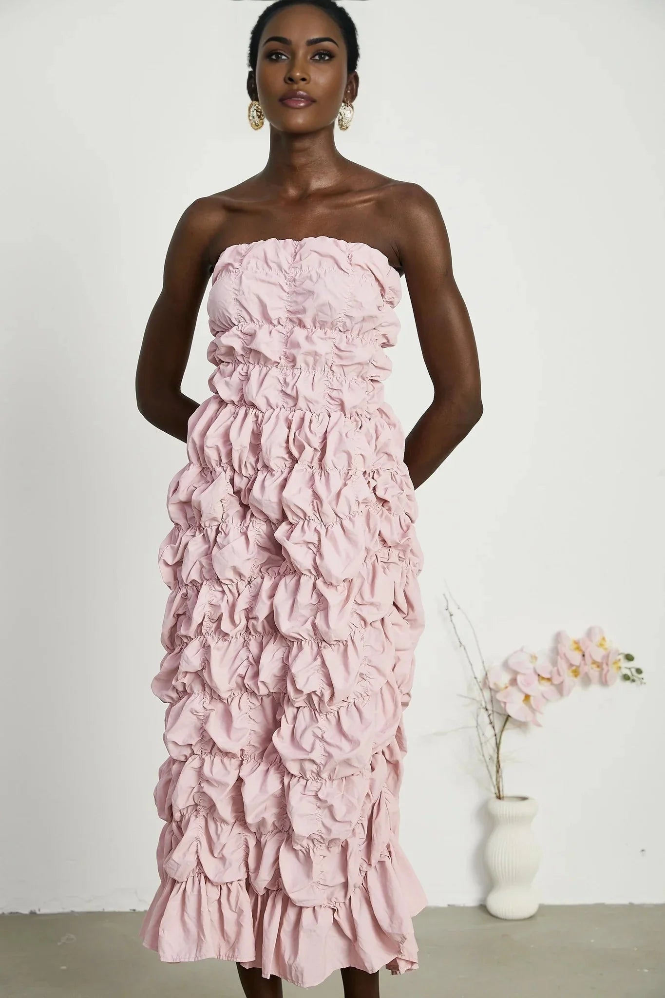 Alice Midi Dress - Off the Shoulder Style - Pleated Design - Flounce Hem - Puff Sleeves