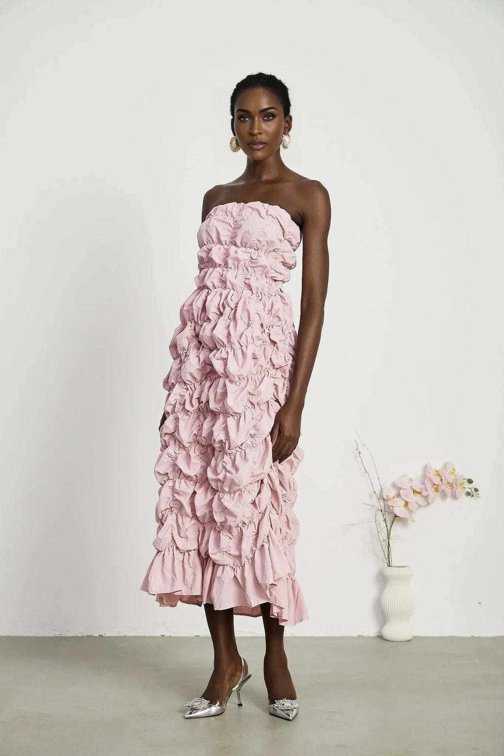 Alice Midi Dress - Off the Shoulder Style - Pleated Design - Flounce Hem - Puff Sleeves