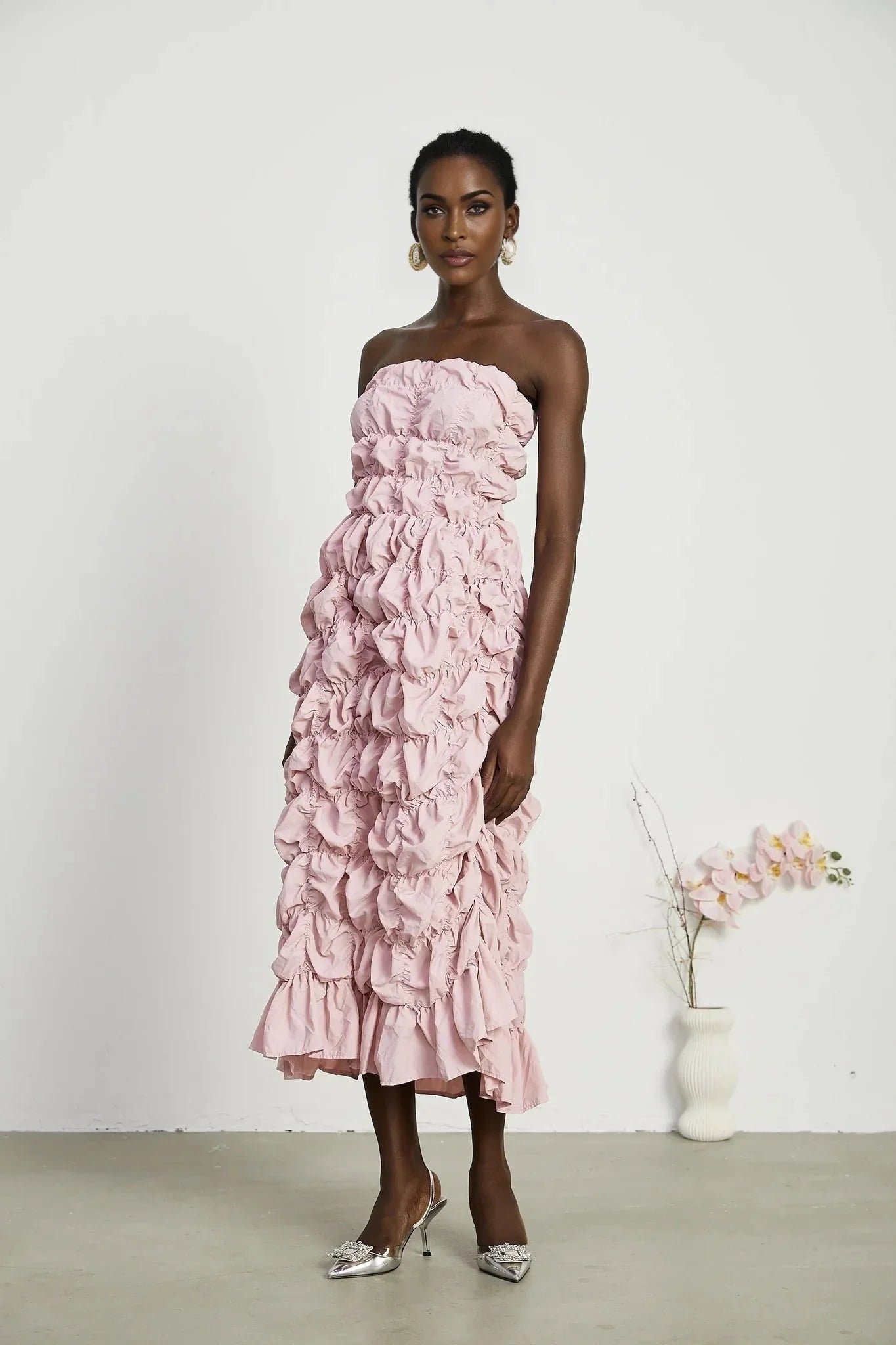 Alice Midi Dress - Off the Shoulder Style - Pleated Design - Flounce Hem - Puff Sleeves