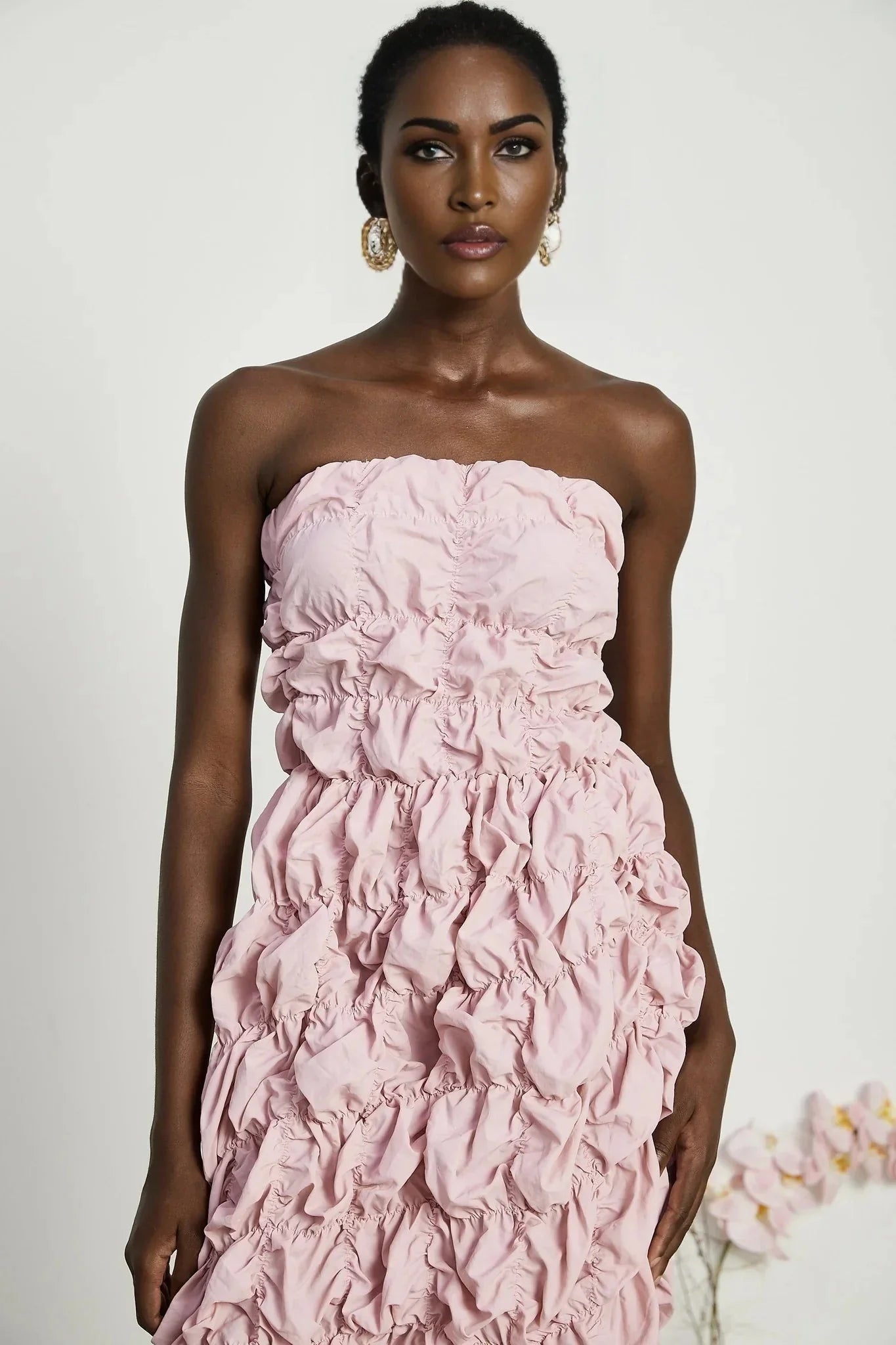 Alice Midi Dress - Off the Shoulder Style - Pleated Design - Flounce Hem - Puff Sleeves