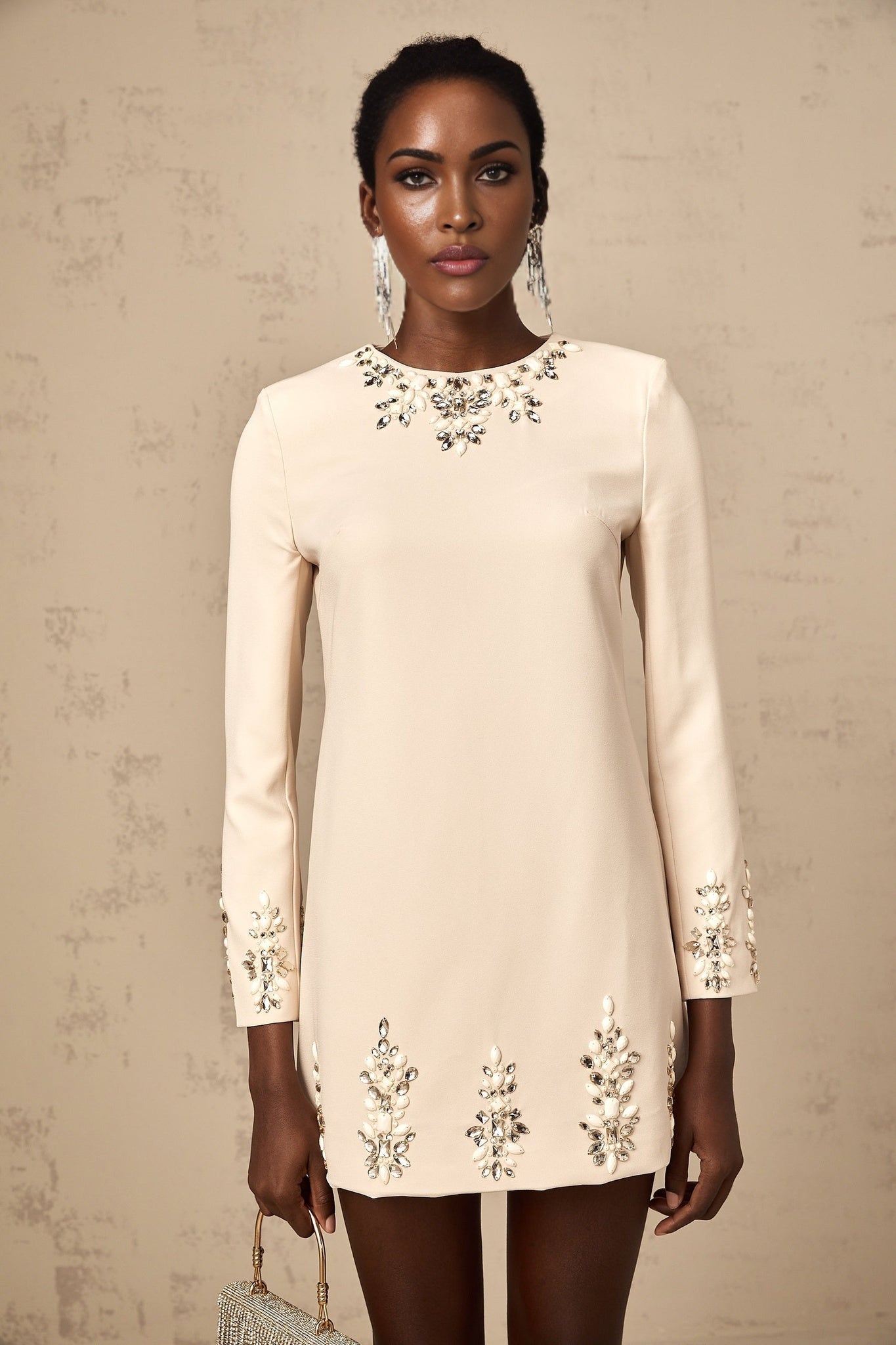 Alice Mini Dress – Round Neck – Long Sleeves – Crystal Embellishment