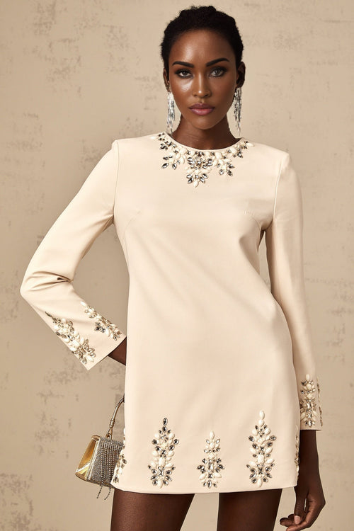 Alice Mini Dress – Round Neck – Long Sleeves – Crystal Embellishment