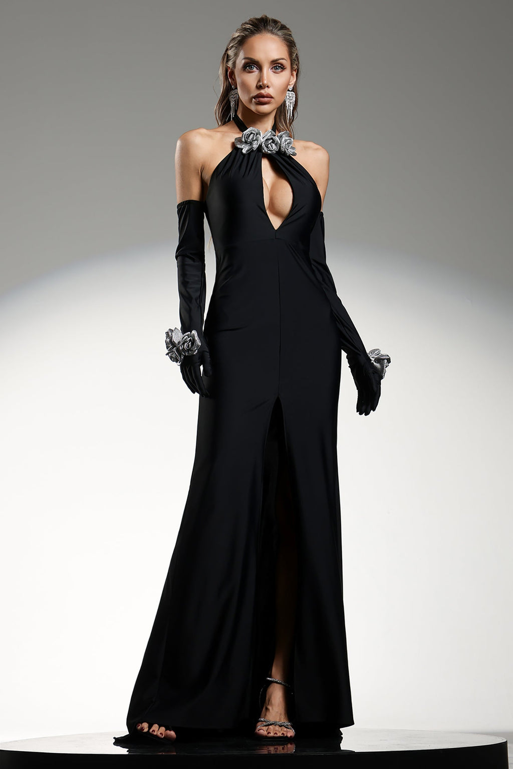 Alina Black Halterneck Keyhole High Slit Floral Detail Dress