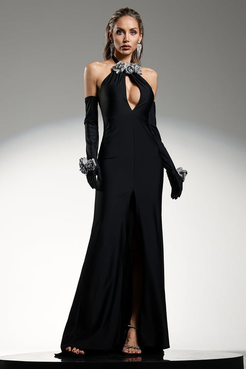 Alina Black Halterneck Keyhole High Slit Floral Detail Dress