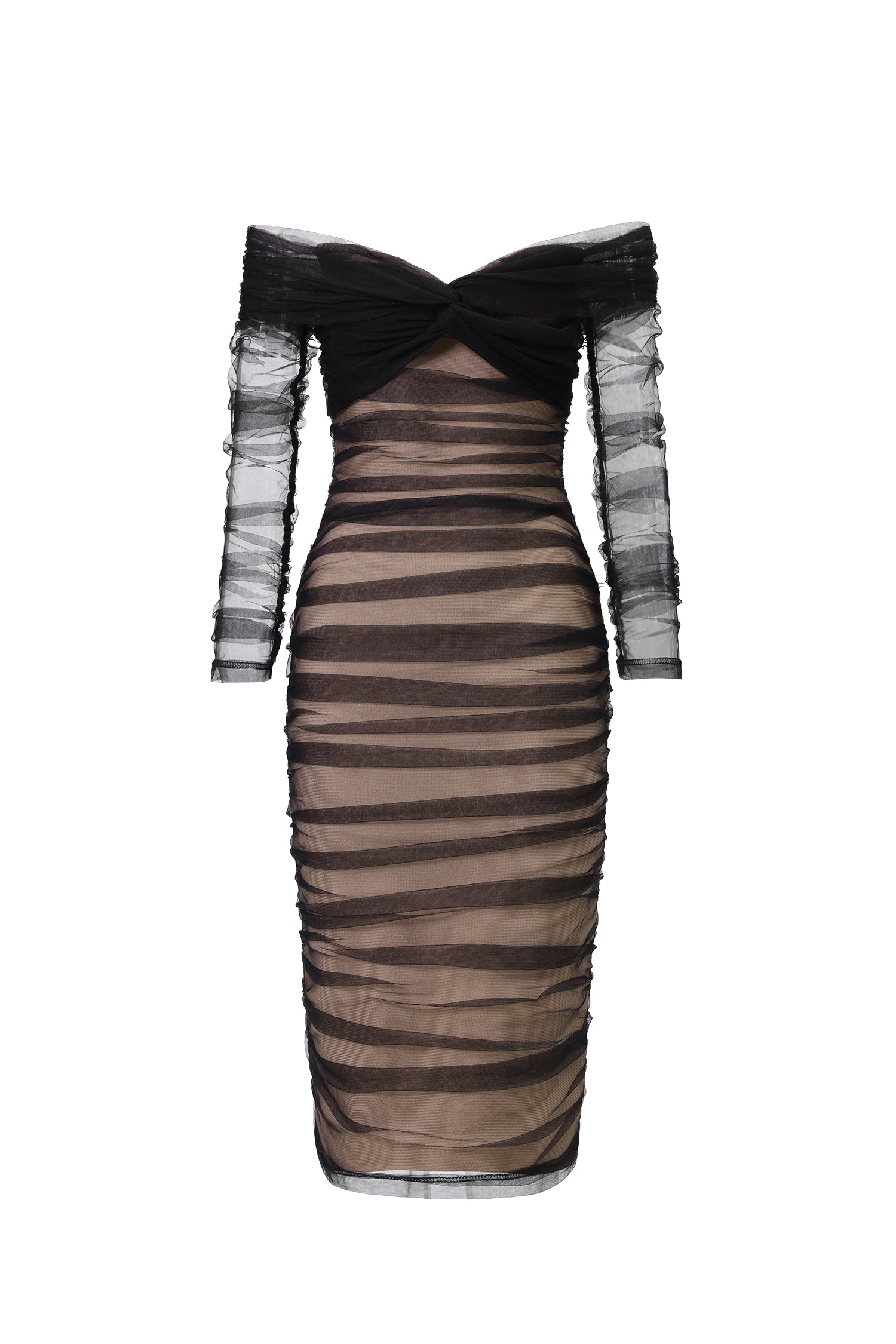 Alina Black Ruched Mesh Off-Shoulder Midi Dress