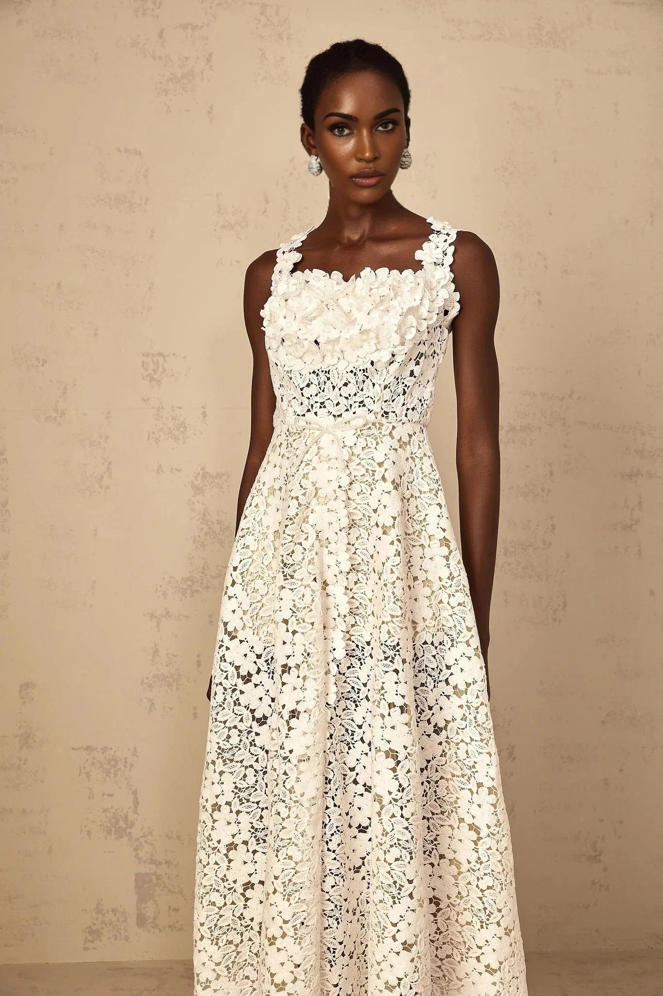 Alina Maxi Dress White Corded Lace Front Slit & Shirred Detail