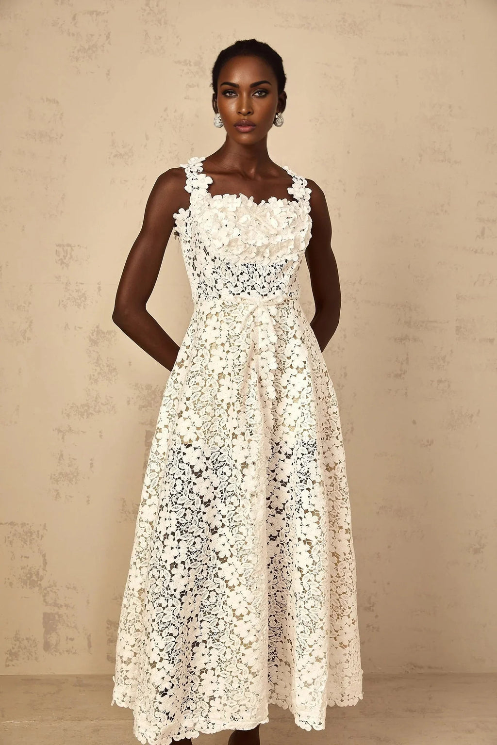 Alina Maxi Dress White Corded Lace Front Slit & Shirred Detail