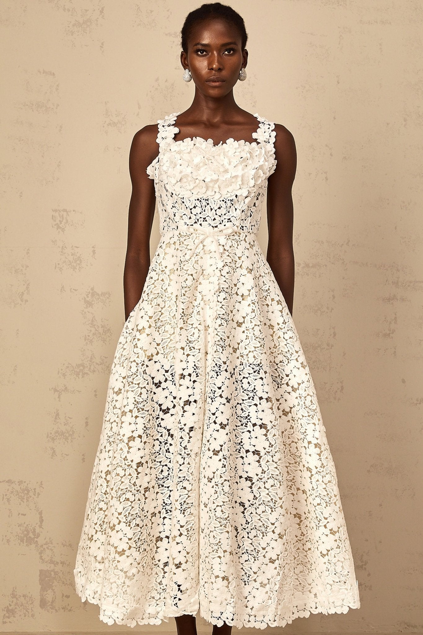 Alina Maxi Dress White Corded Lace Front Slit & Shirred Detail