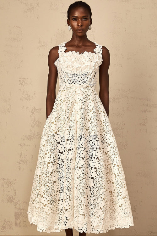 Alina Maxi Dress White Corded Lace Front Slit & Shirred Detail