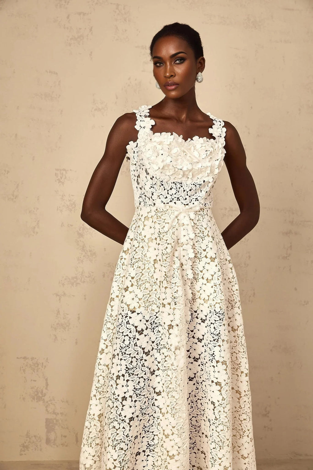 Alina Maxi Dress White Corded Lace Front Slit & Shirred Detail