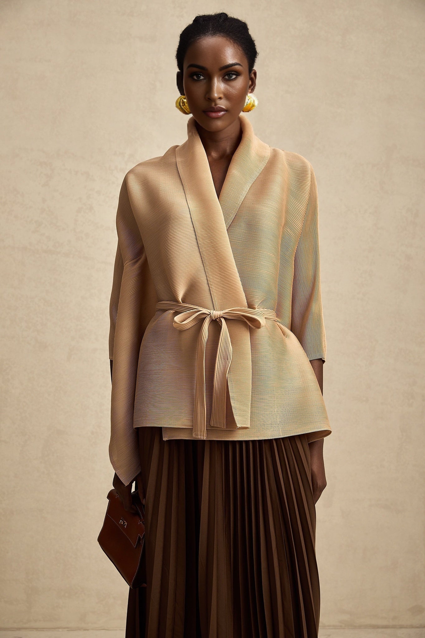 Alina Skirt & Top Set - V - neck Top - Long Slit Sleeves - Tied Waist - Maxi Length Skirt