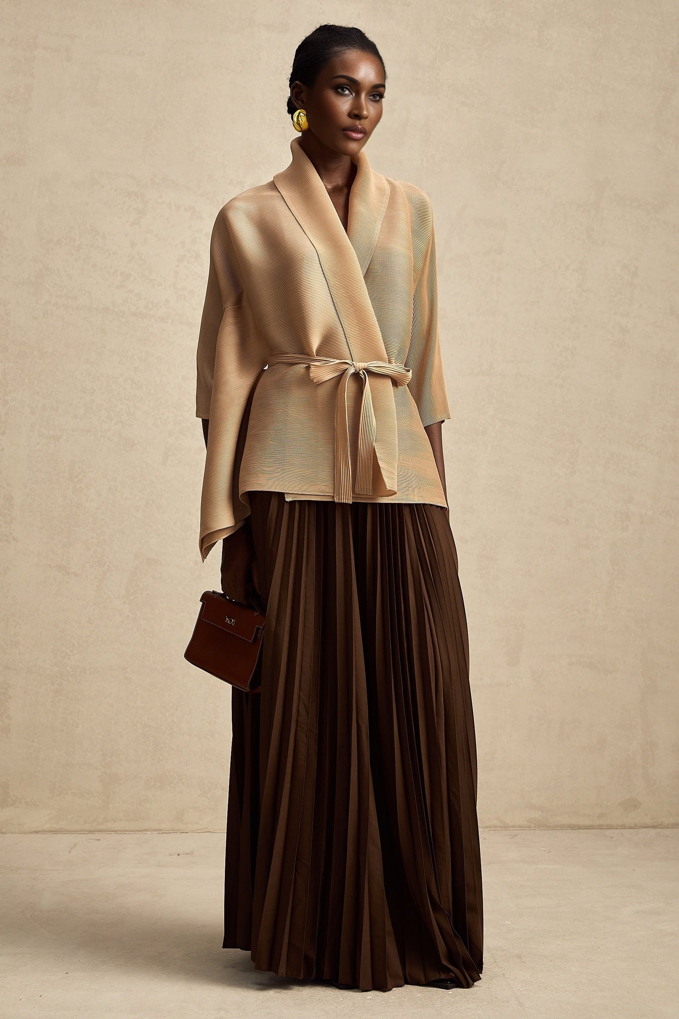 Alina Skirt & Top Set - V - neck Top - Long Slit Sleeves - Tied Waist - Maxi Length Skirt