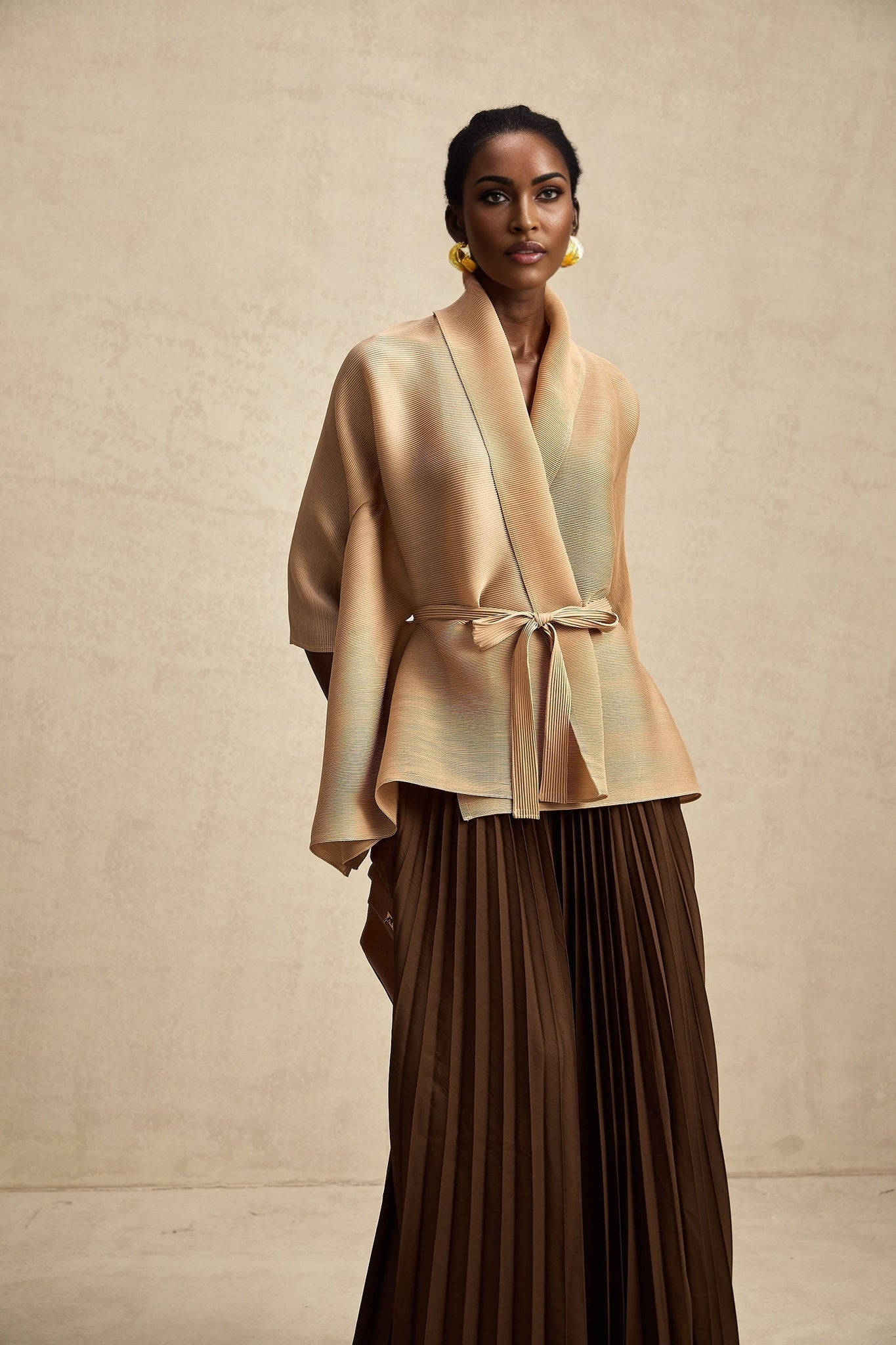 Alina Skirt & Top Set - V - neck Top - Long Slit Sleeves - Tied Waist - Maxi Length Skirt