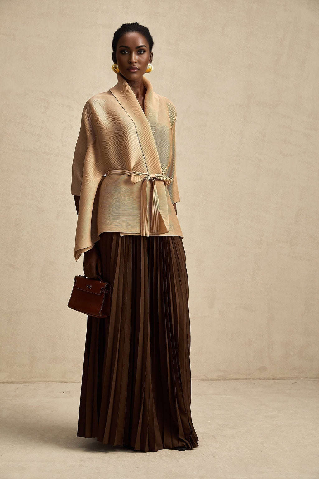 Alina Skirt & Top Set - V - neck Top - Long Slit Sleeves - Tied Waist - Maxi Length Skirt