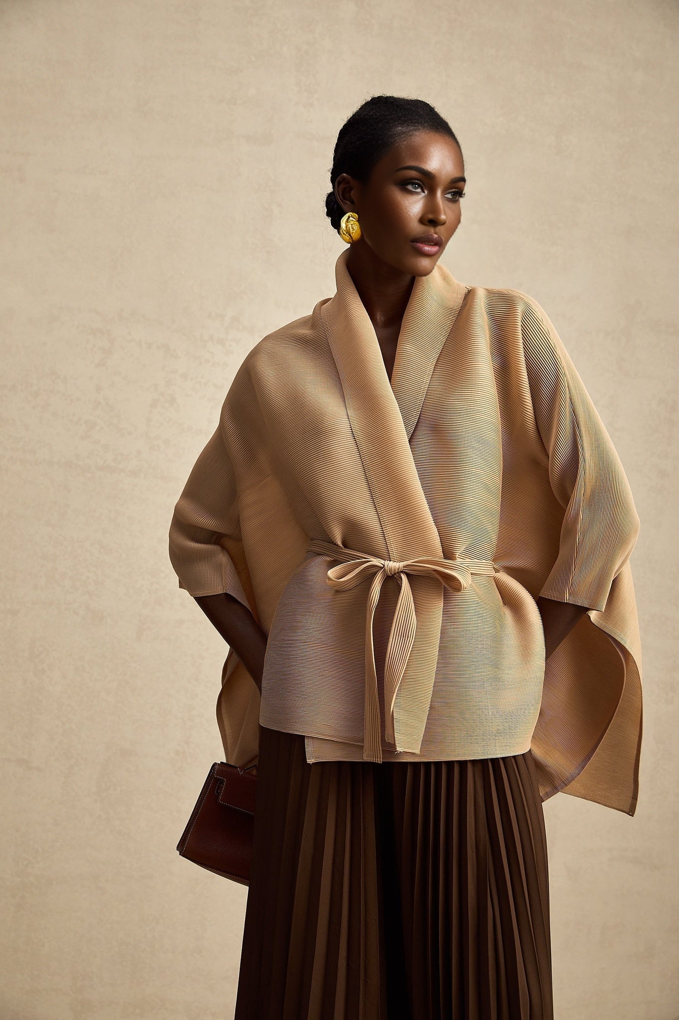 Alina Skirt & Top Set - V - neck Top - Long Slit Sleeves - Tied Waist - Maxi Length Skirt