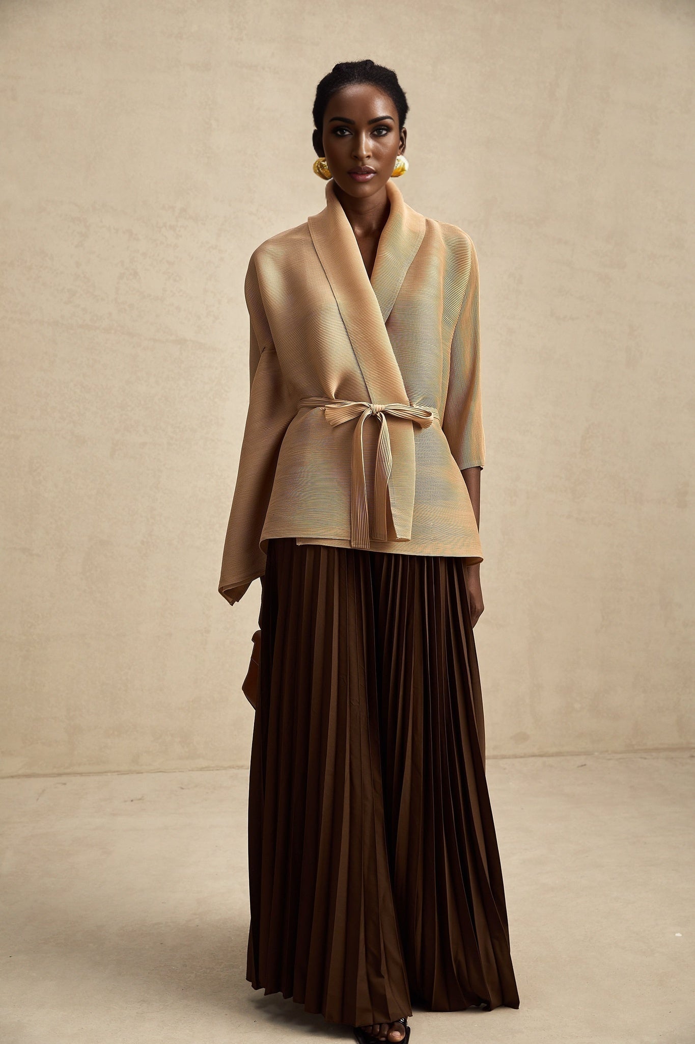 Alina Skirt & Top Set - V - neck Top - Long Slit Sleeves - Tied Waist - Maxi Length Skirt