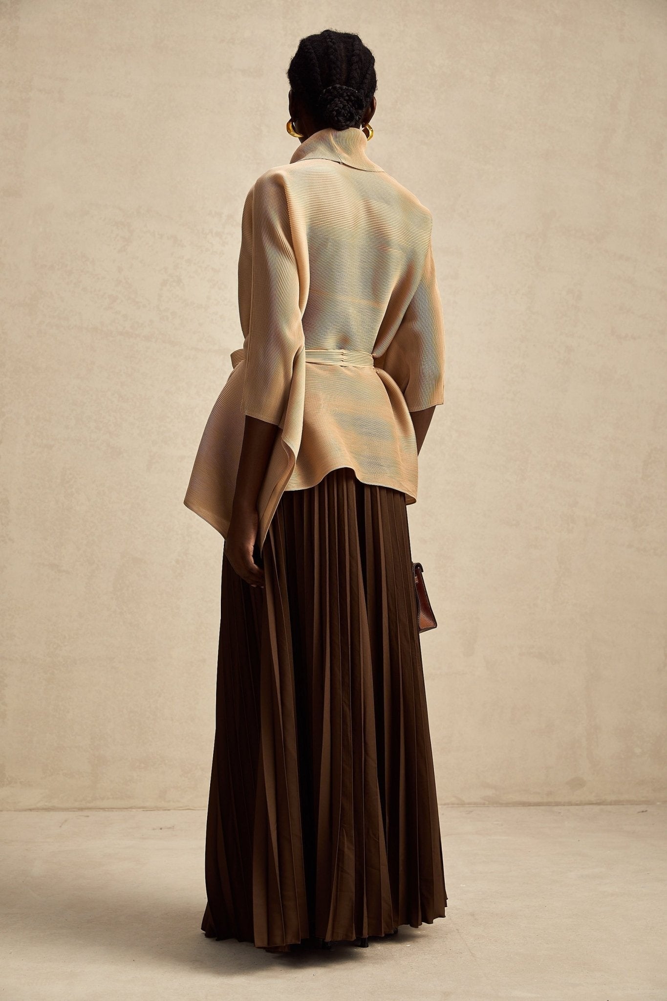 Alina Skirt & Top Set - V - neck Top - Long Slit Sleeves - Tied Waist - Maxi Length Skirt