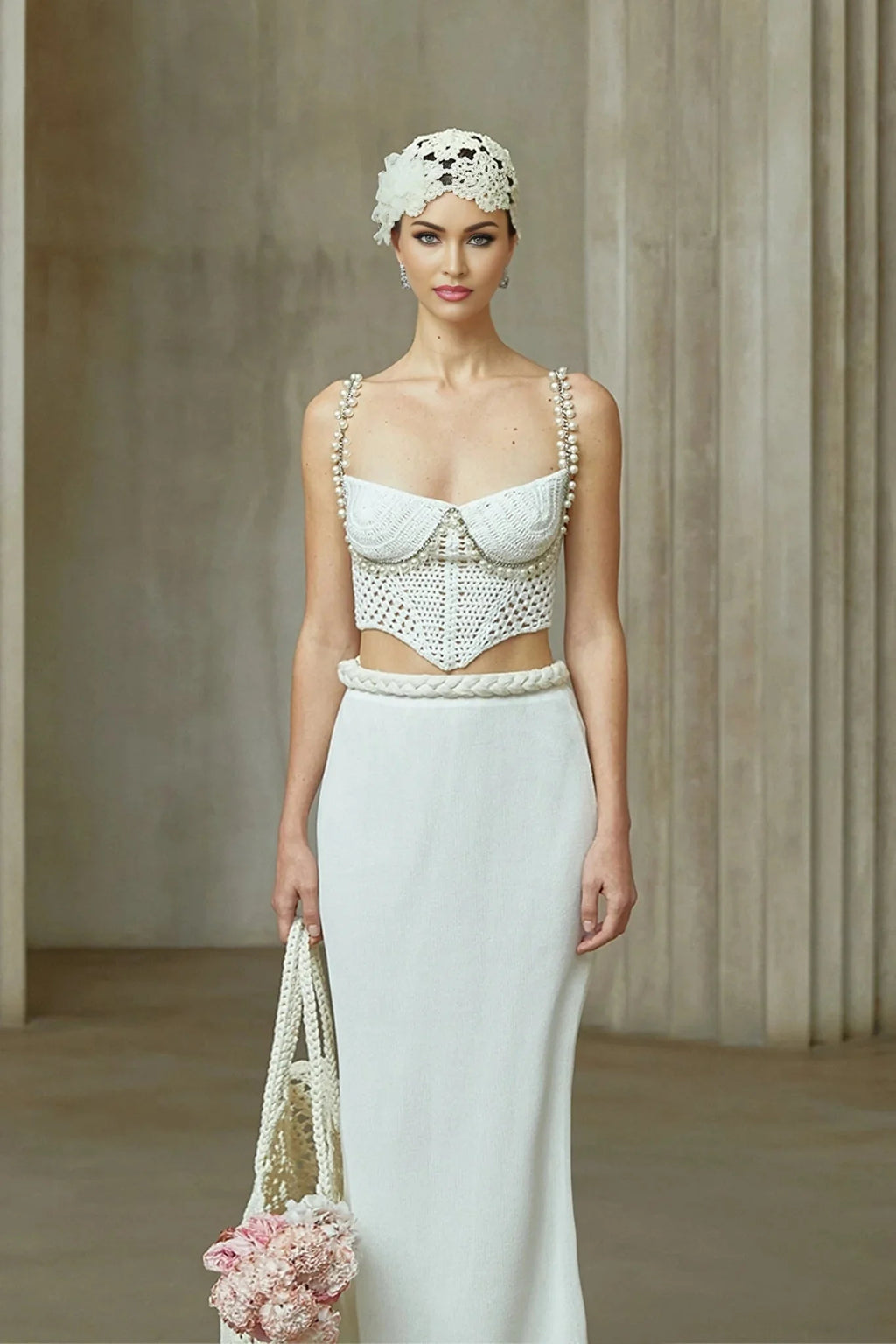 Alina Top & Skirt Set Crochet Knit Sleeveless with Faux - Pearl Embellishment