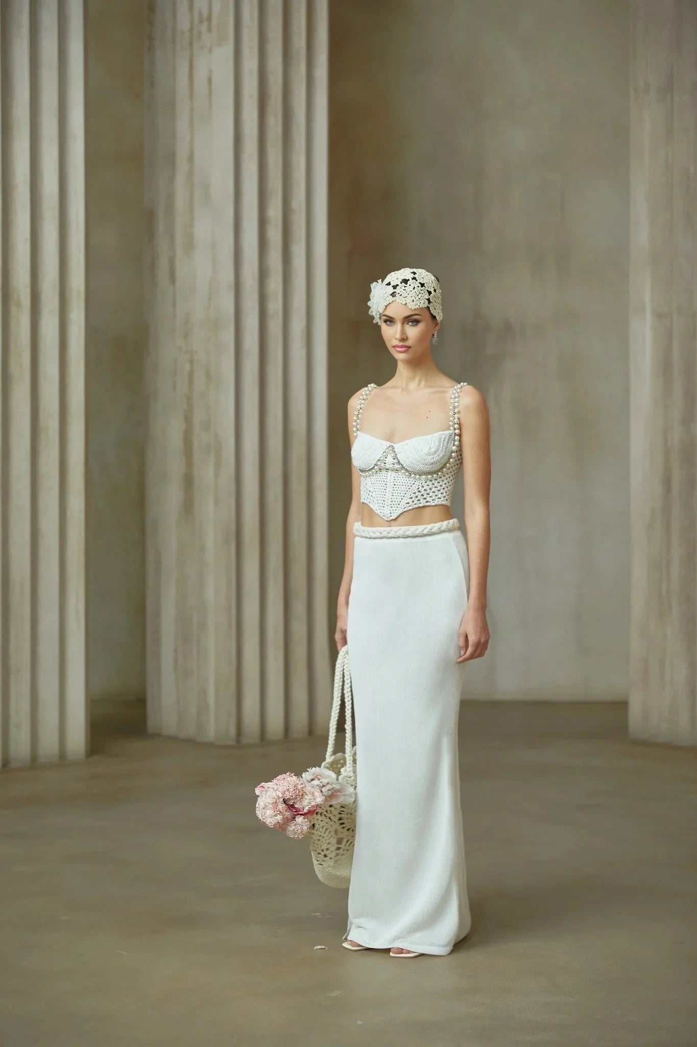 Alina Top & Skirt Set Crochet Knit Sleeveless with Faux - Pearl Embellishment
