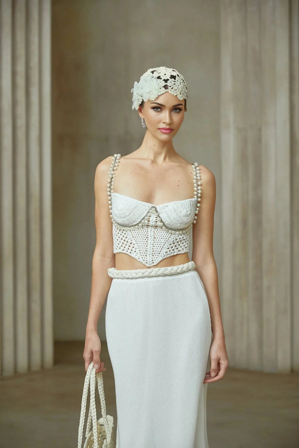 Alina Top & Skirt Set Crochet Knit Sleeveless with Faux - Pearl Embellishment