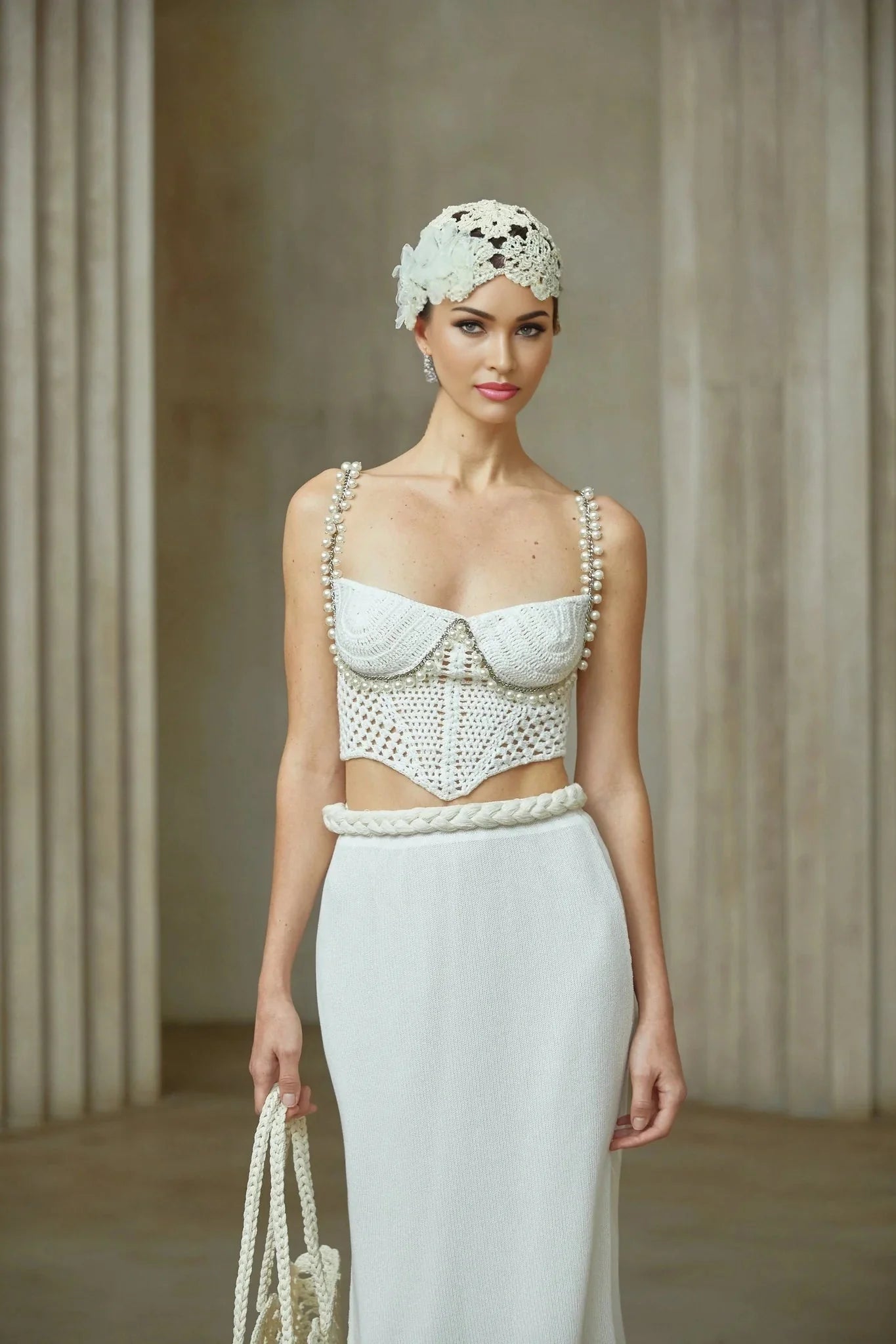 Alina Top & Skirt Set Crochet Knit Sleeveless with Faux - Pearl Embellishment