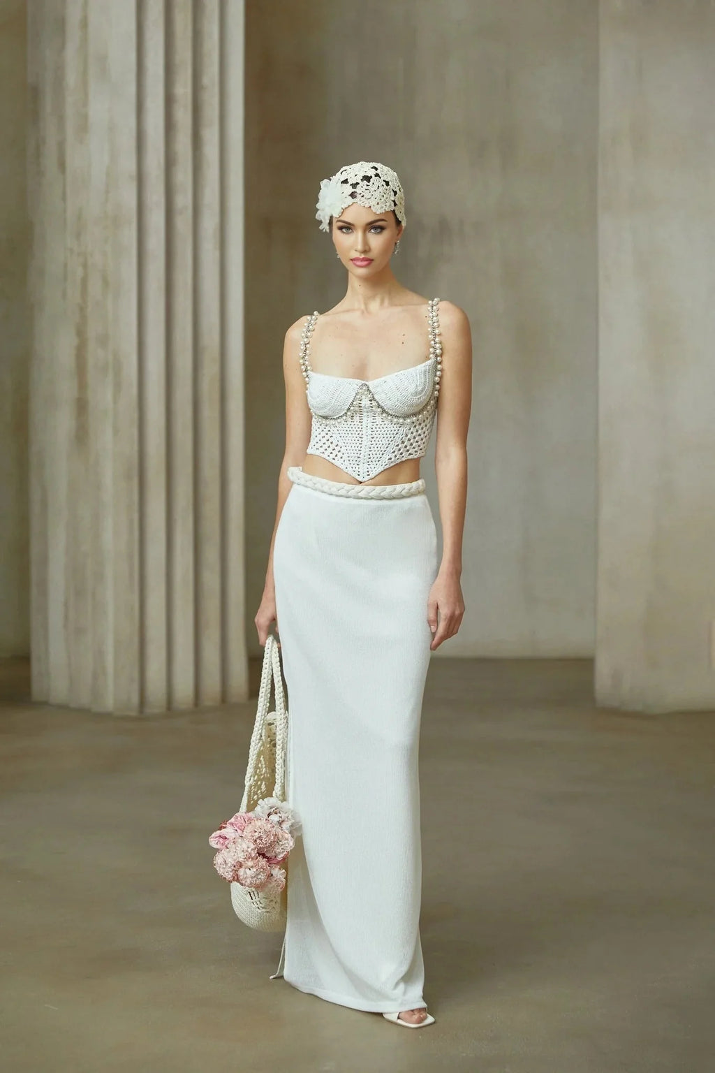 Alina Top & Skirt Set Crochet Knit Sleeveless with Faux - Pearl Embellishment