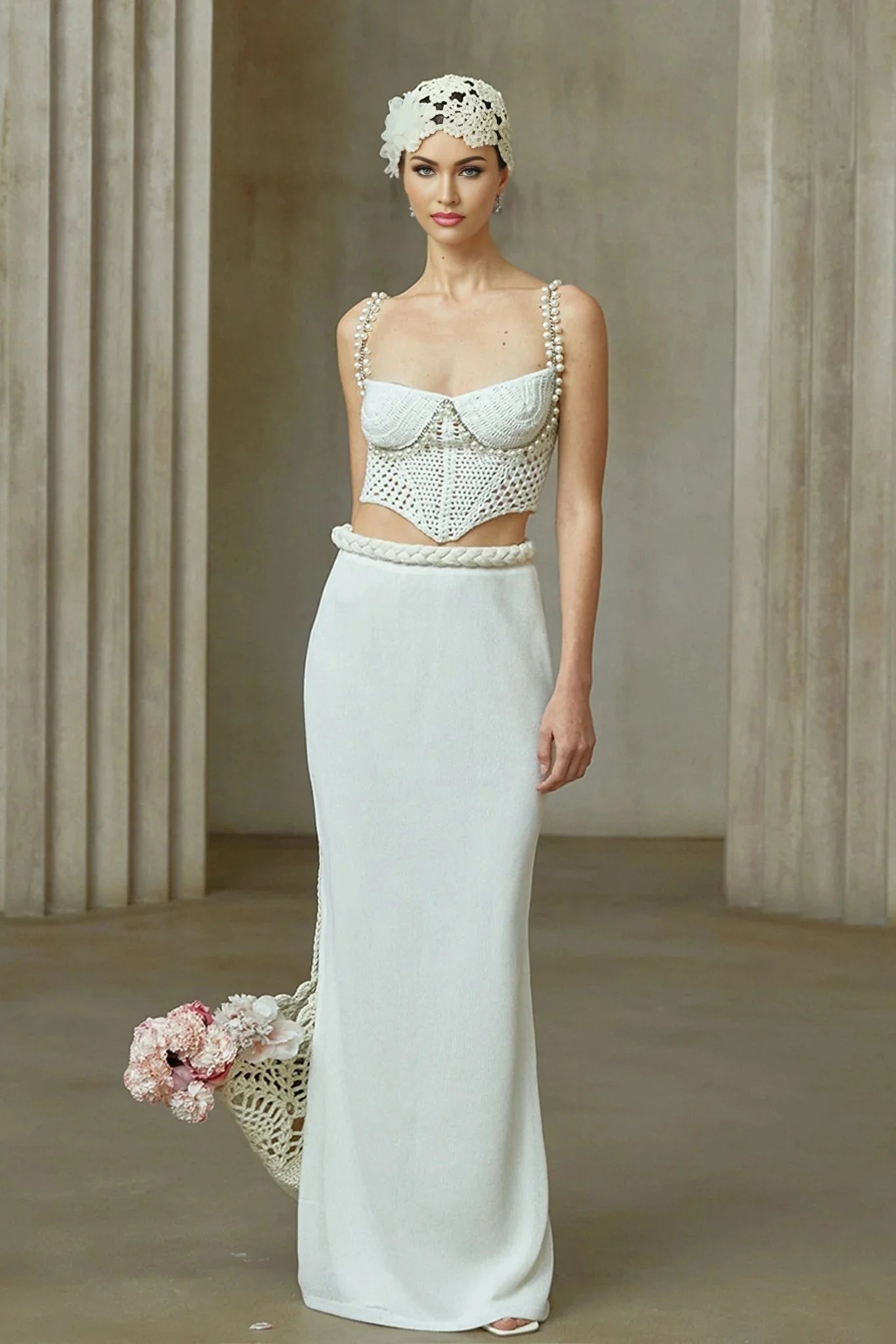 Alina Top & Skirt Set Crochet Knit Sleeveless with Faux - Pearl Embellishment
