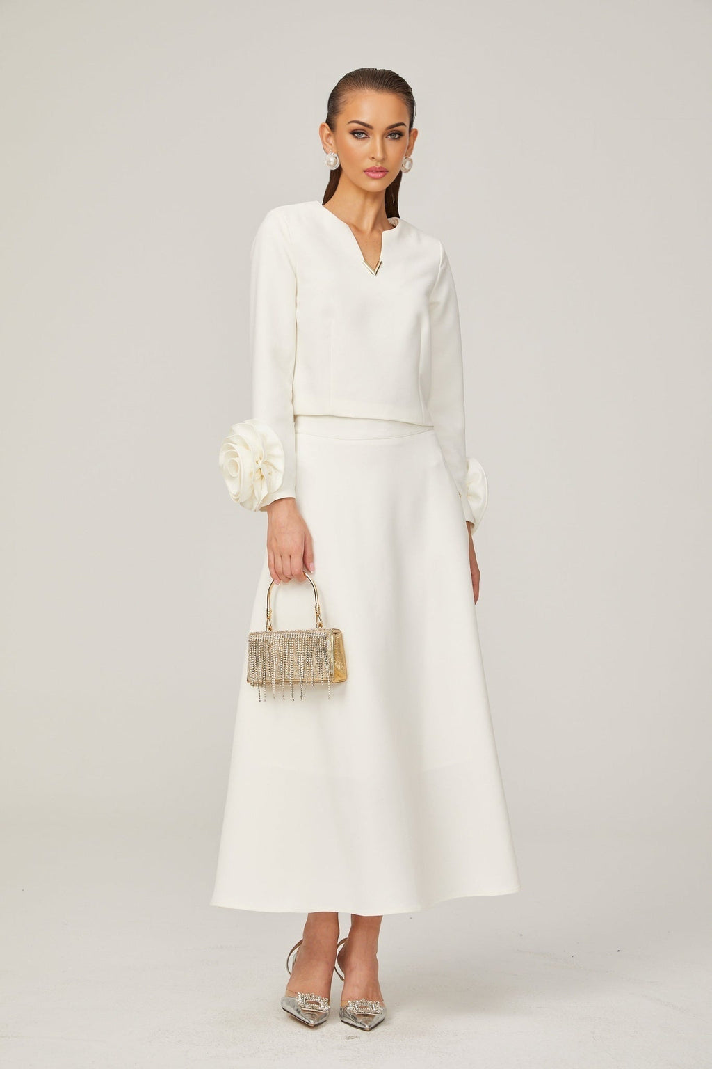 Alina Top & Skirt Set - Elegant 3D Petal Detailing - Flattering Flared Silhouette - Chic Midi Length - Stylish Rear Zip Fastening