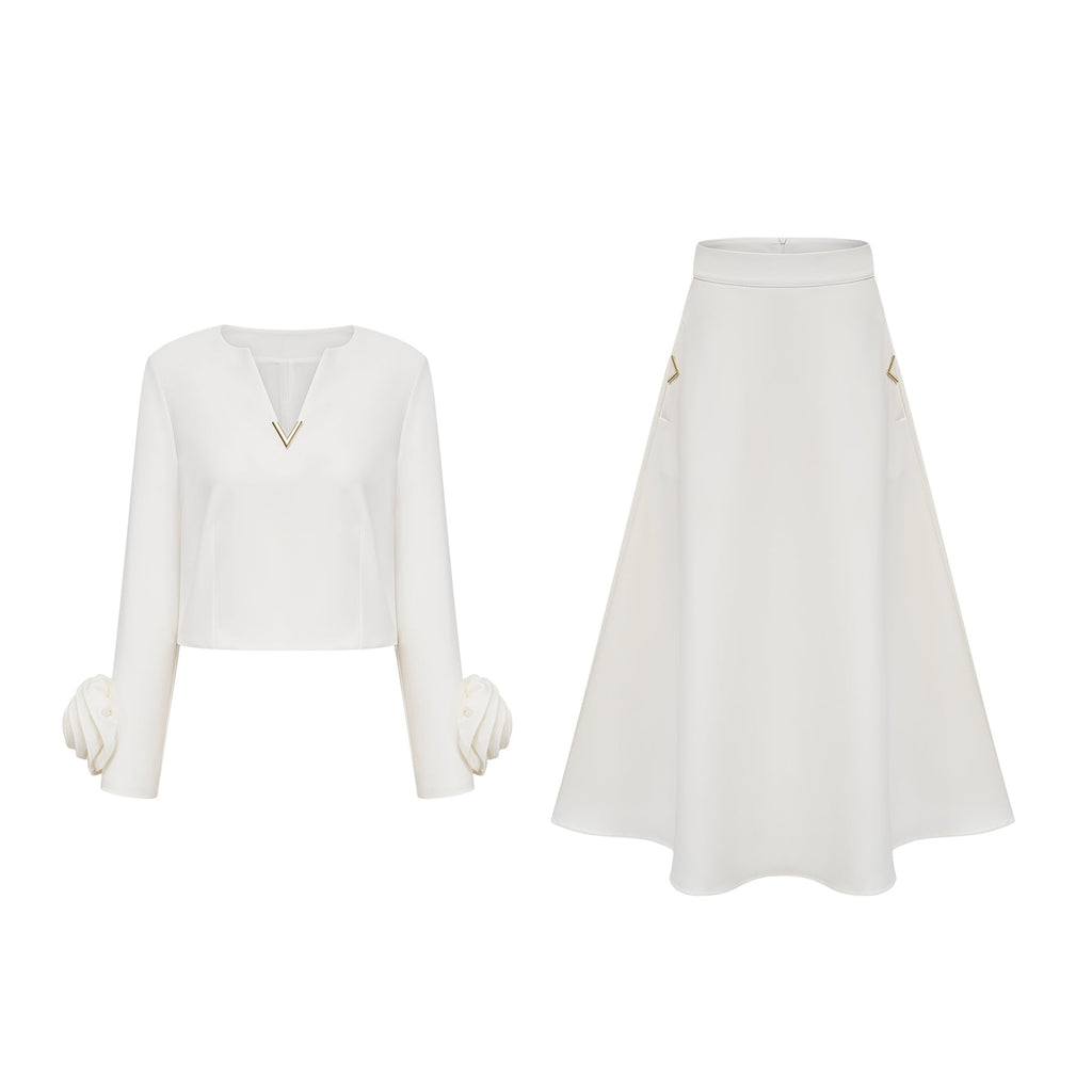 Alina Top & Skirt Set - Elegant 3D Petal Detailing - Flattering Flared Silhouette - Chic Midi Length - Stylish Rear Zip Fastening