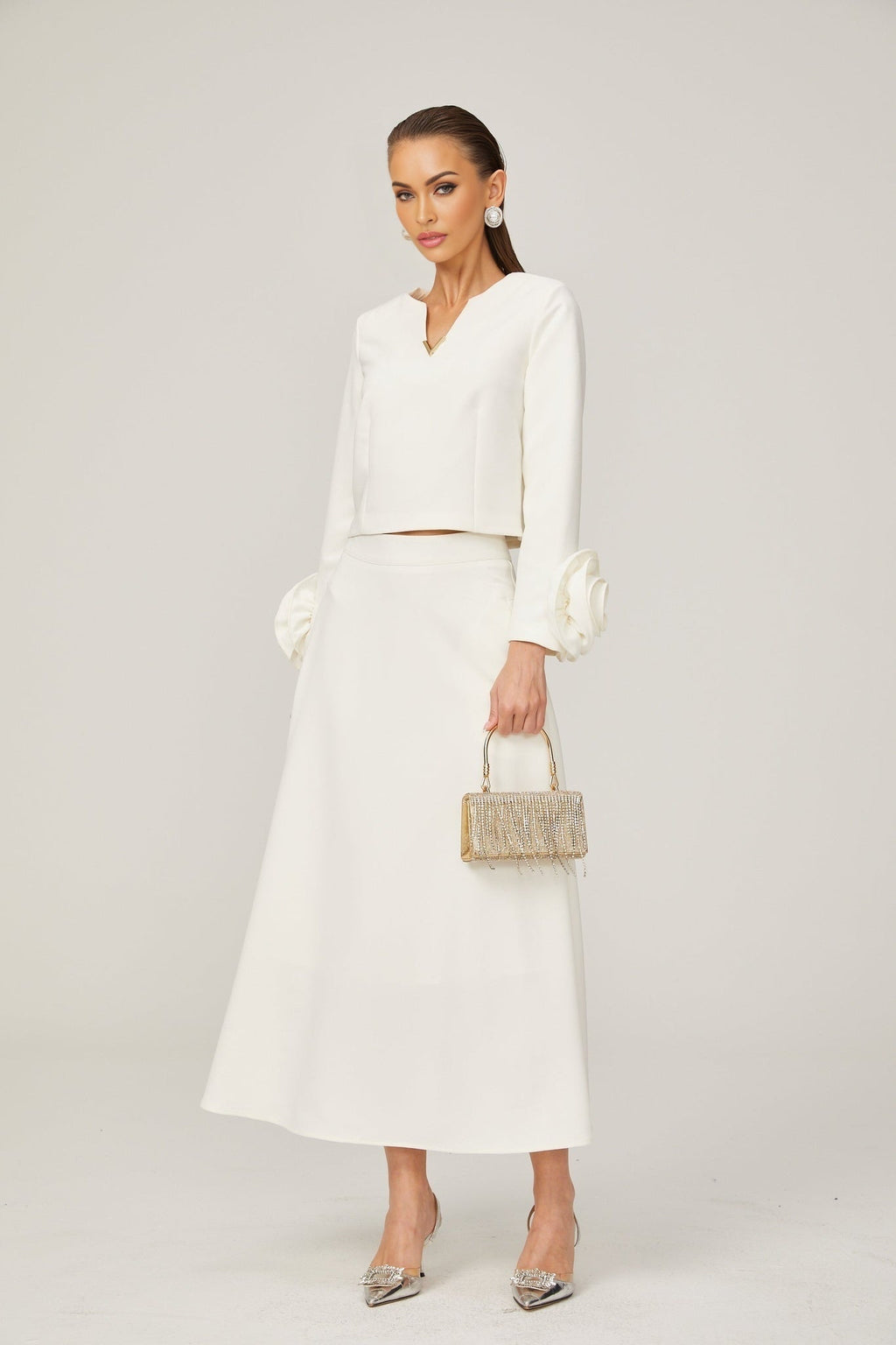 Alina Top & Skirt Set - Elegant 3D Petal Detailing - Flattering Flared Silhouette - Chic Midi Length - Stylish Rear Zip Fastening