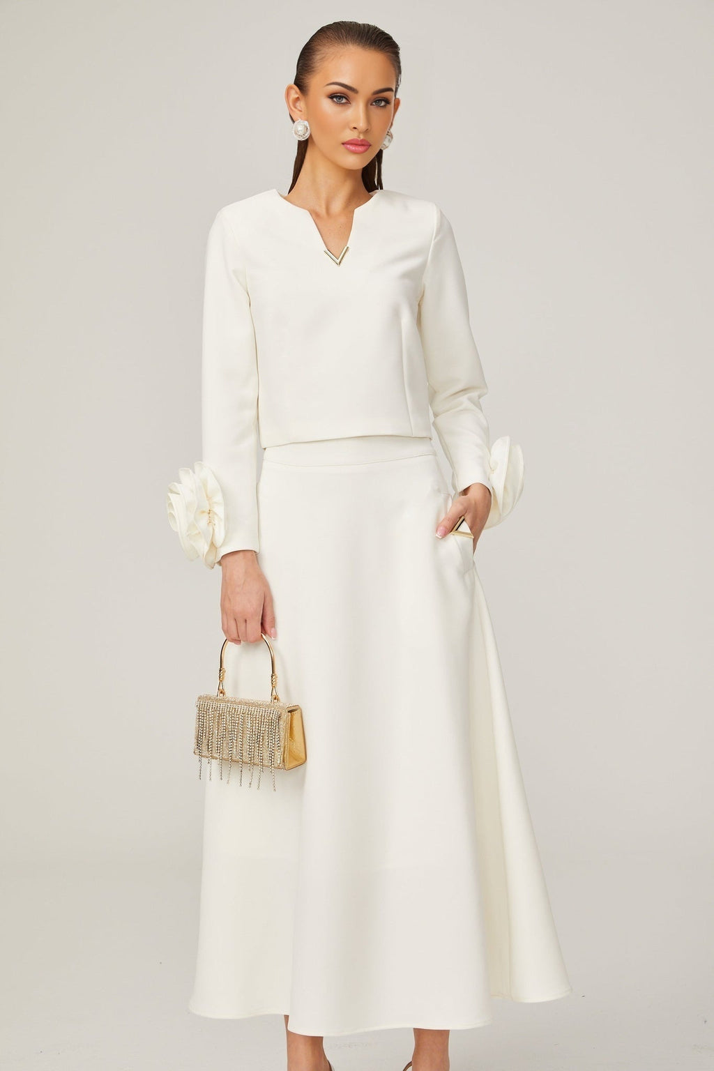 Alina Top & Skirt Set - Elegant 3D Petal Detailing - Flattering Flared Silhouette - Chic Midi Length - Stylish Rear Zip Fastening