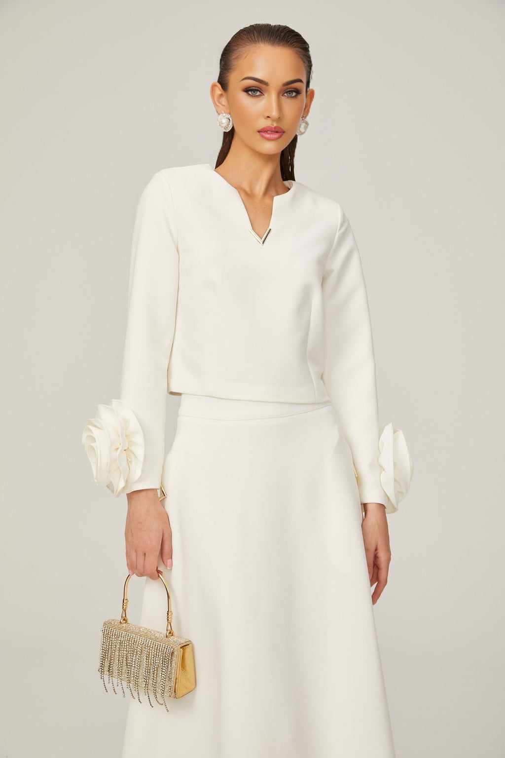 Alina Top & Skirt Set - Elegant 3D Petal Detailing - Flattering Flared Silhouette - Chic Midi Length - Stylish Rear Zip Fastening