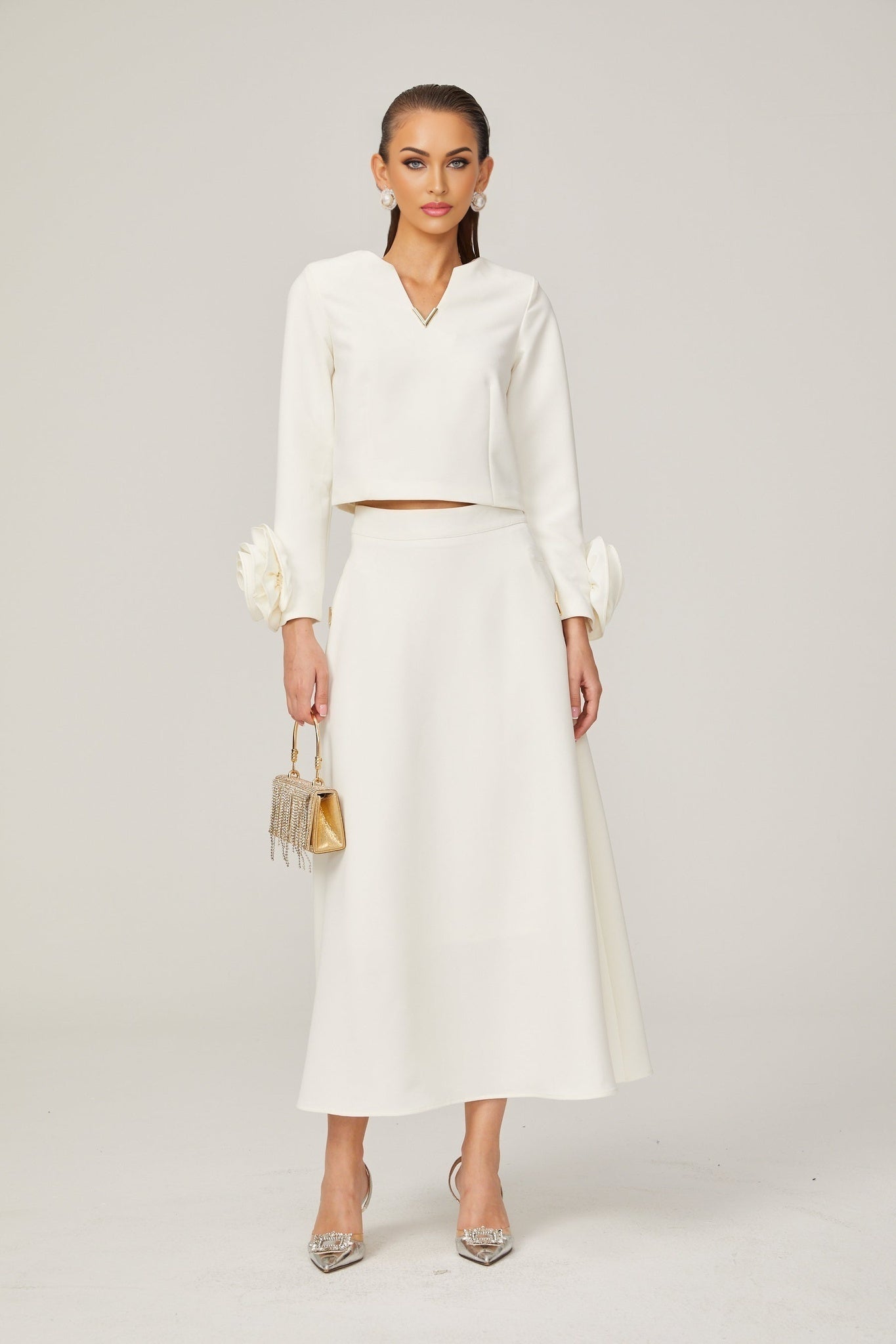 Alina Top & Skirt Set - Elegant 3D Petal Detailing - Flattering Flared Silhouette - Chic Midi Length - Stylish Rear Zip Fastening