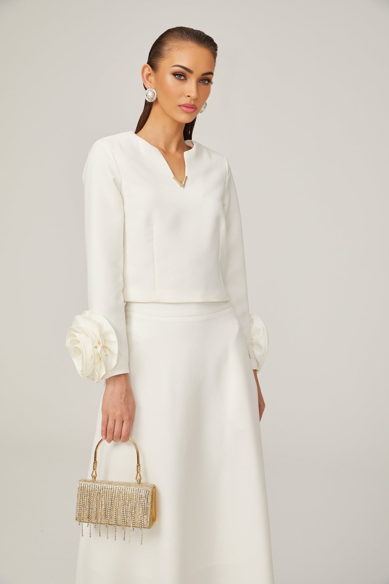 Alina Top & Skirt Set - Elegant 3D Petal Detailing - Flattering Flared Silhouette - Chic Midi Length - Stylish Rear Zip Fastening