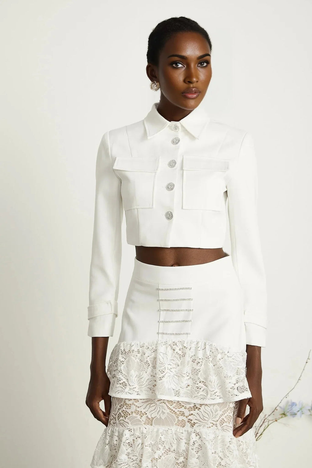 Aliyah Jacket & Skirt Set - Classic Collar - Rhinestone Embellished - Tiered Design - Silver - Tone Buttons - Ruffled Detailing