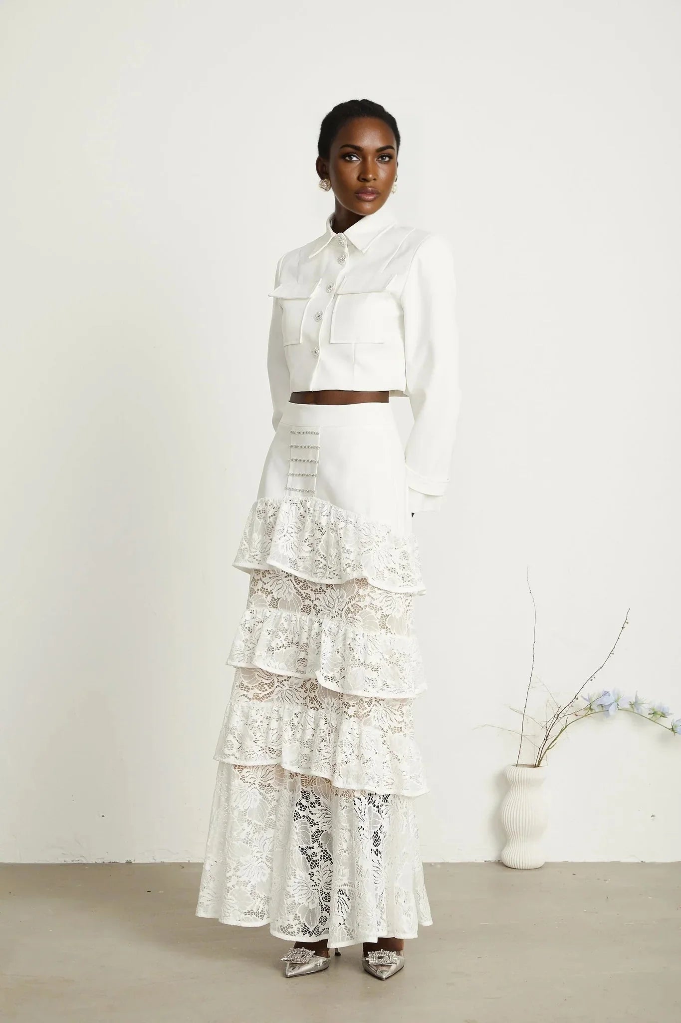 Aliyah Jacket & Skirt Set - Classic Collar - Rhinestone Embellished - Tiered Design - Silver - Tone Buttons - Ruffled Detailing