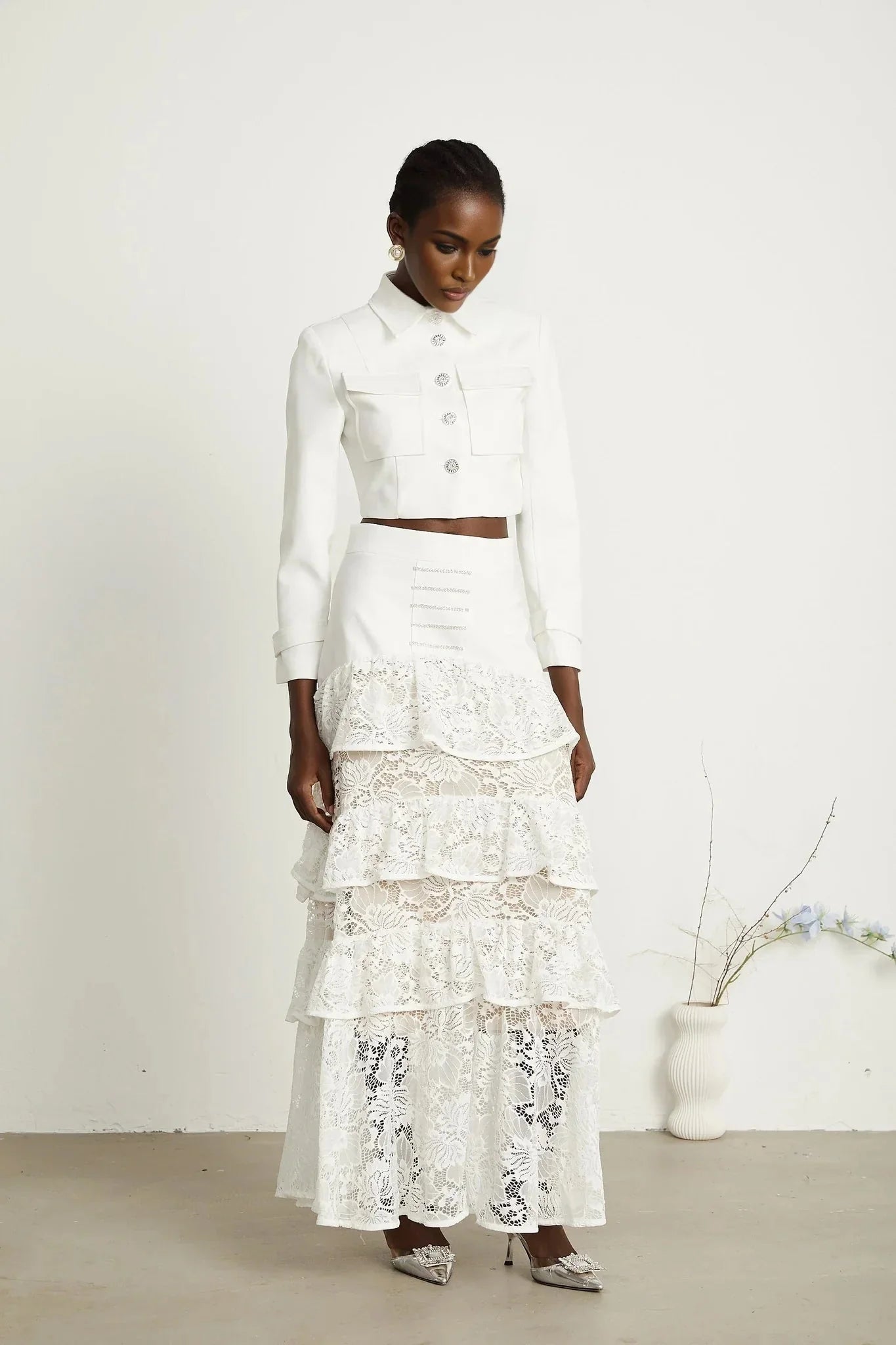 Aliyah Jacket & Skirt Set - Classic Collar - Rhinestone Embellished - Tiered Design - Silver - Tone Buttons - Ruffled Detailing